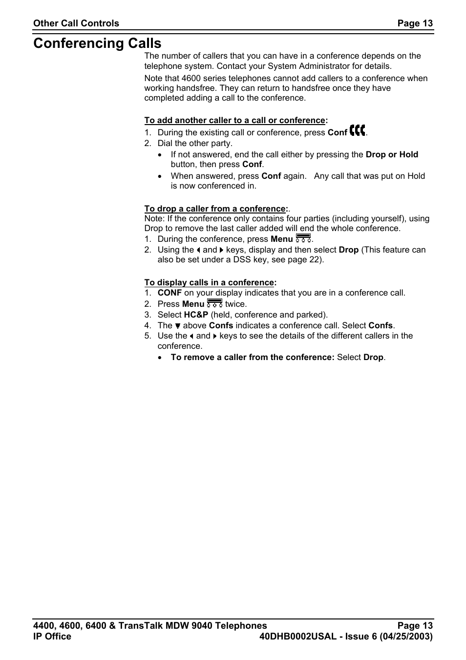 Conferencing calls, Conferencing calls" on | Avaya 6400 User Manual | Page 13 / 32