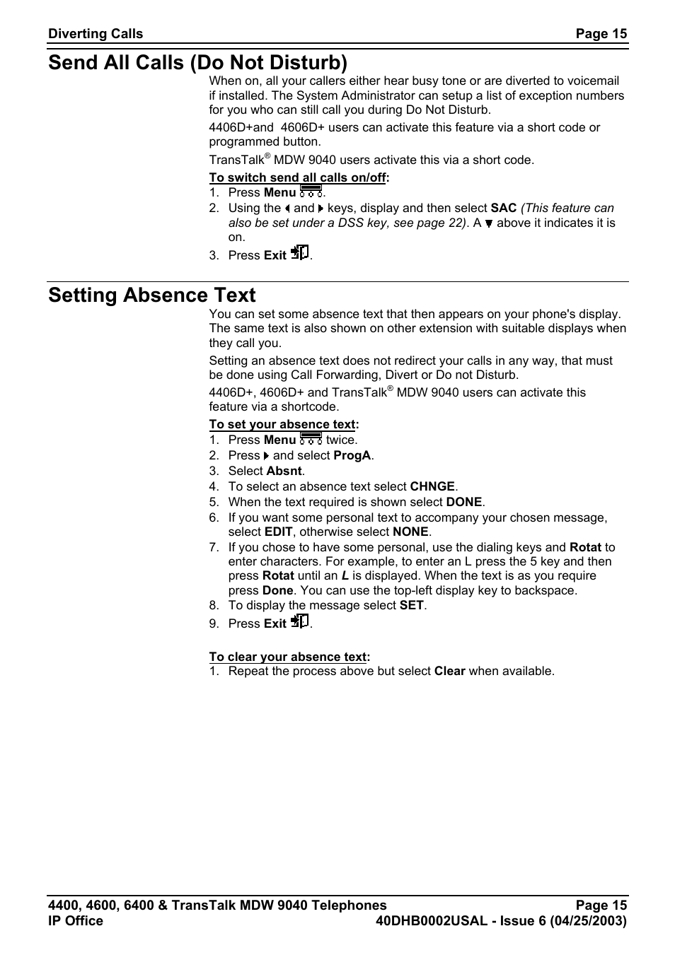 Send all calls (do not disturb), Setting absence text | Avaya 6400 User Manual | Page 15 / 32