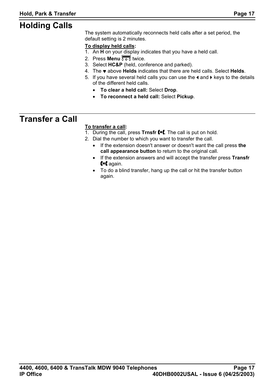 Holding calls, Transfer a call, Holding calls transfer a call | Avaya 6400 User Manual | Page 17 / 32