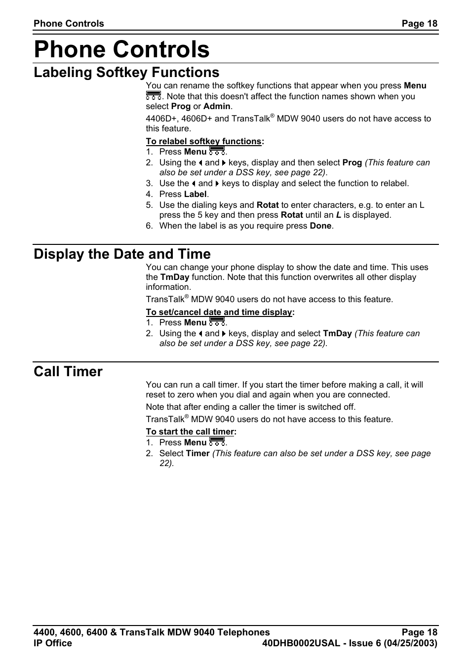 Phone controls, Labeling softkey functions, Display the date and time | Call timer | Avaya 6400 User Manual | Page 18 / 32