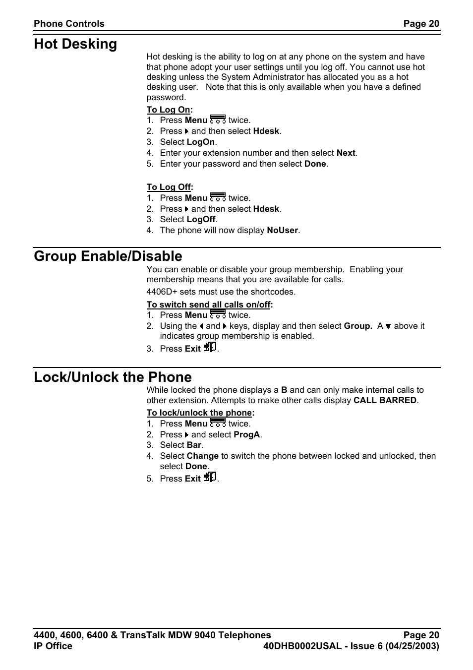 Hot desking, Group enable/disable, Lock/unlock the phone | Hot desking group enable/disable | Avaya 6400 User Manual | Page 20 / 32