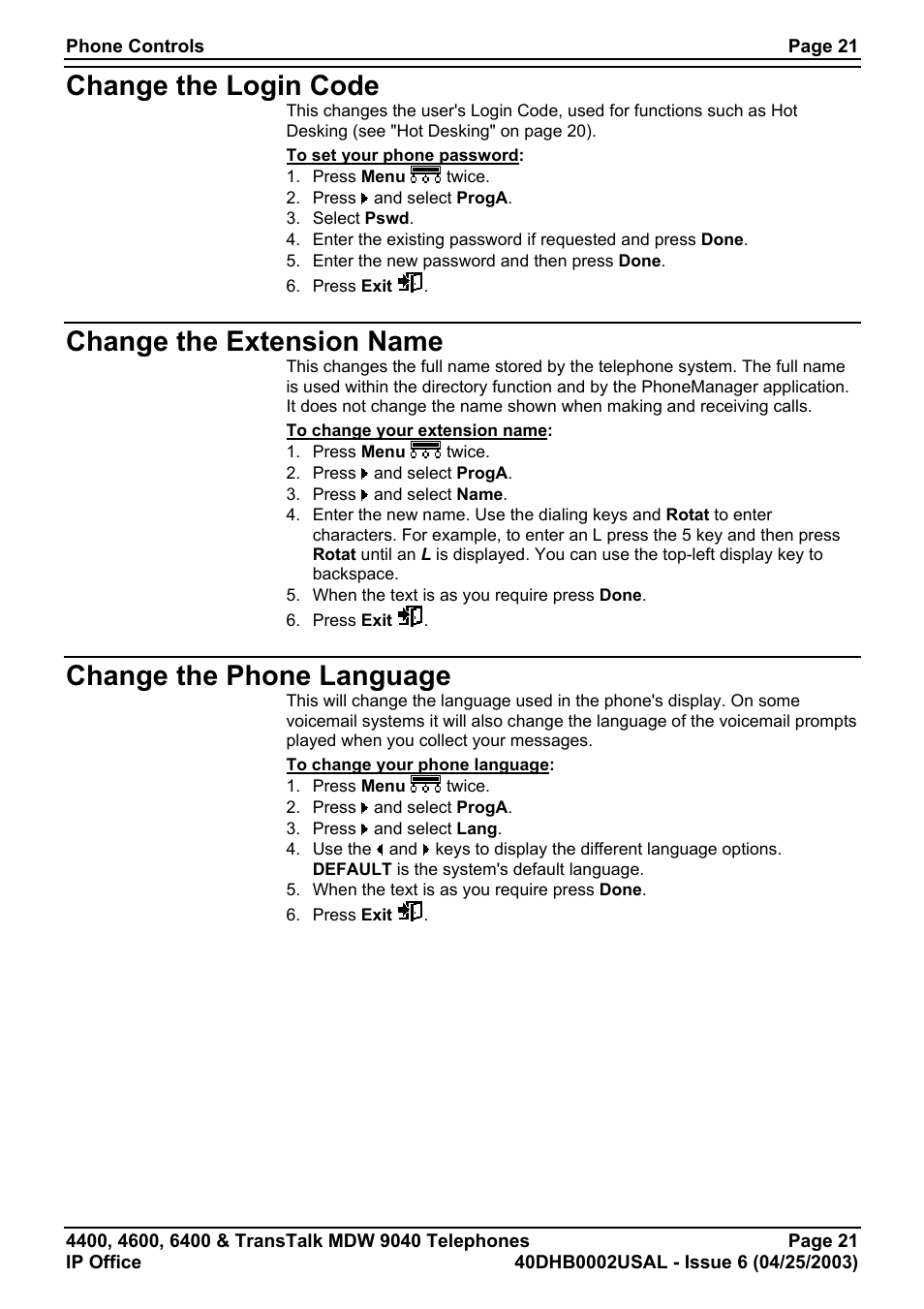 Change the login code, Change the extension name, Change the phone language | Avaya 6400 User Manual | Page 21 / 32