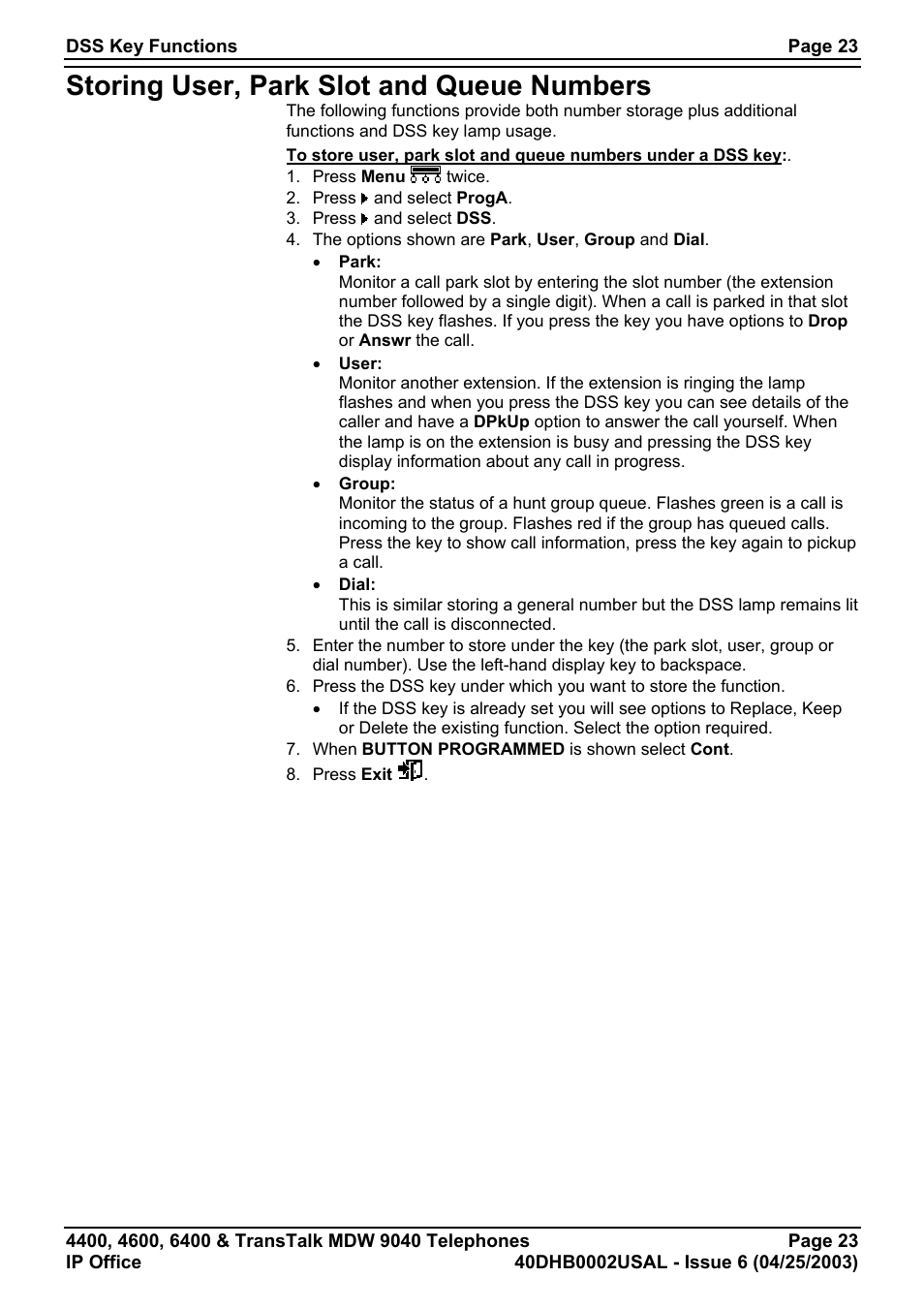 Storing user, park slot and queue numbers | Avaya 6400 User Manual | Page 23 / 32