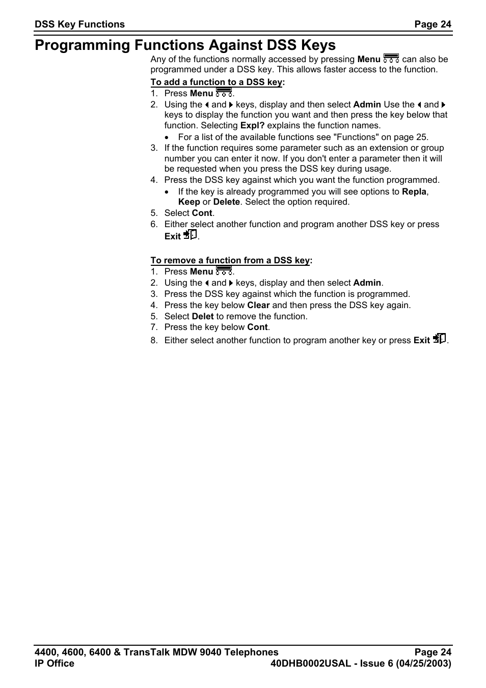 Programming functions against dss keys | Avaya 6400 User Manual | Page 24 / 32