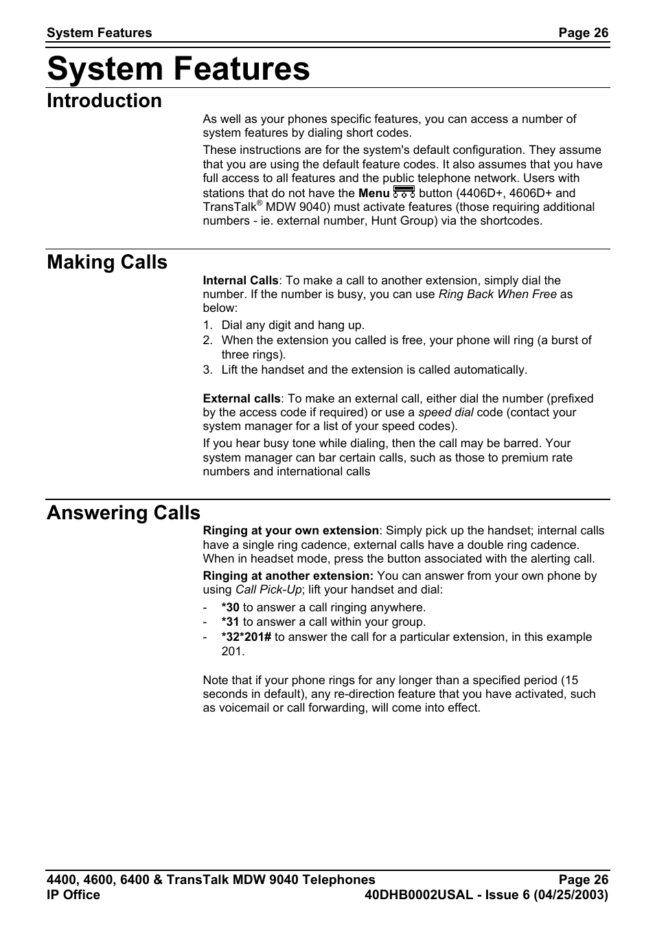 System features, Introduction, Making calls | Answering calls, The system features se, E 26, See "system features" o | Avaya 6400 User Manual | Page 26 / 32