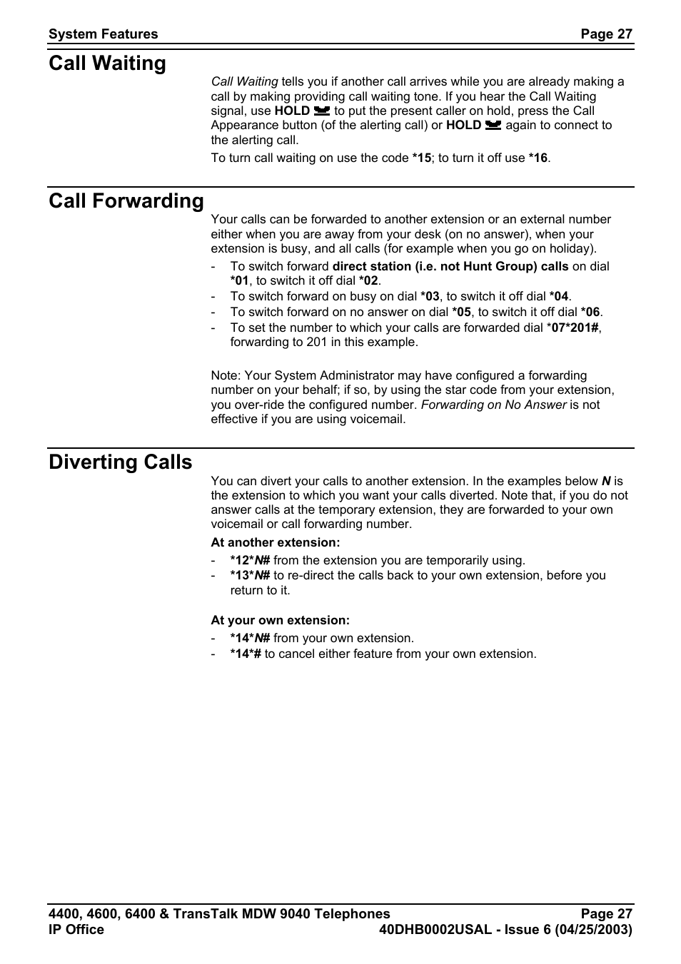 Call waiting, Call forwarding, Diverting calls | Avaya 6400 User Manual | Page 27 / 32