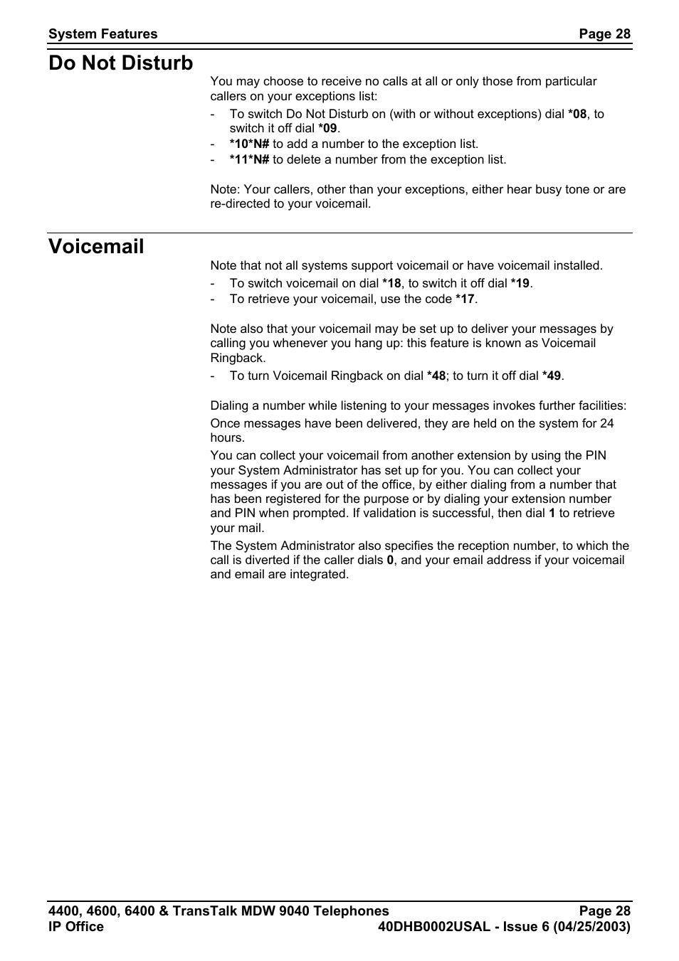 Do not disturb, Voicemail | Avaya 6400 User Manual | Page 28 / 32