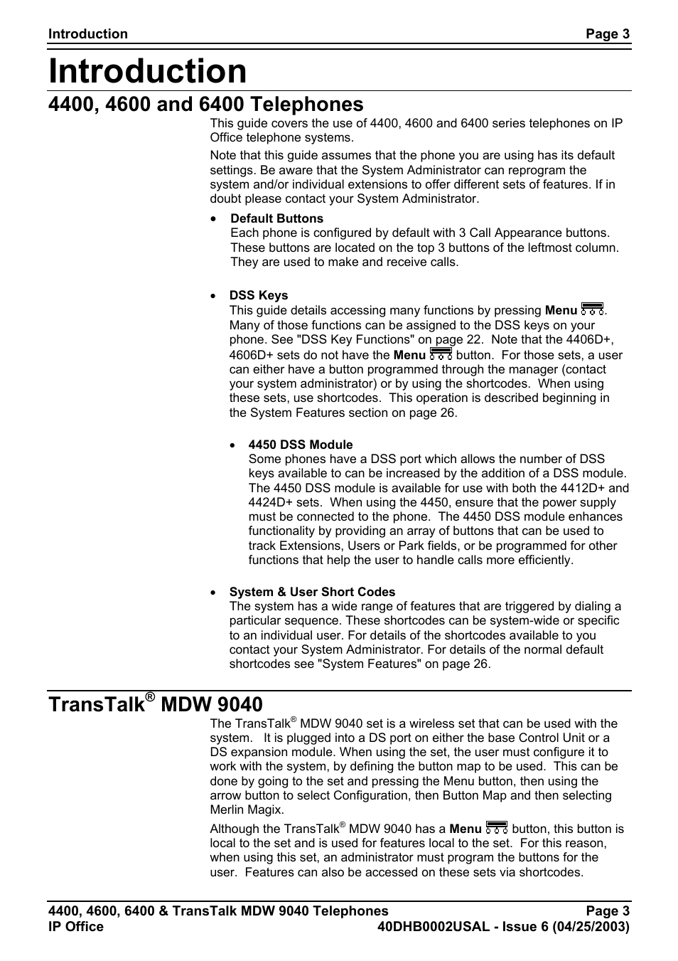 Introduction, 4400, 4600 and 6400 telephones, Transtalk® mdw 9040 | Transtalk, Mdw 9040 | Avaya 6400 User Manual | Page 3 / 32