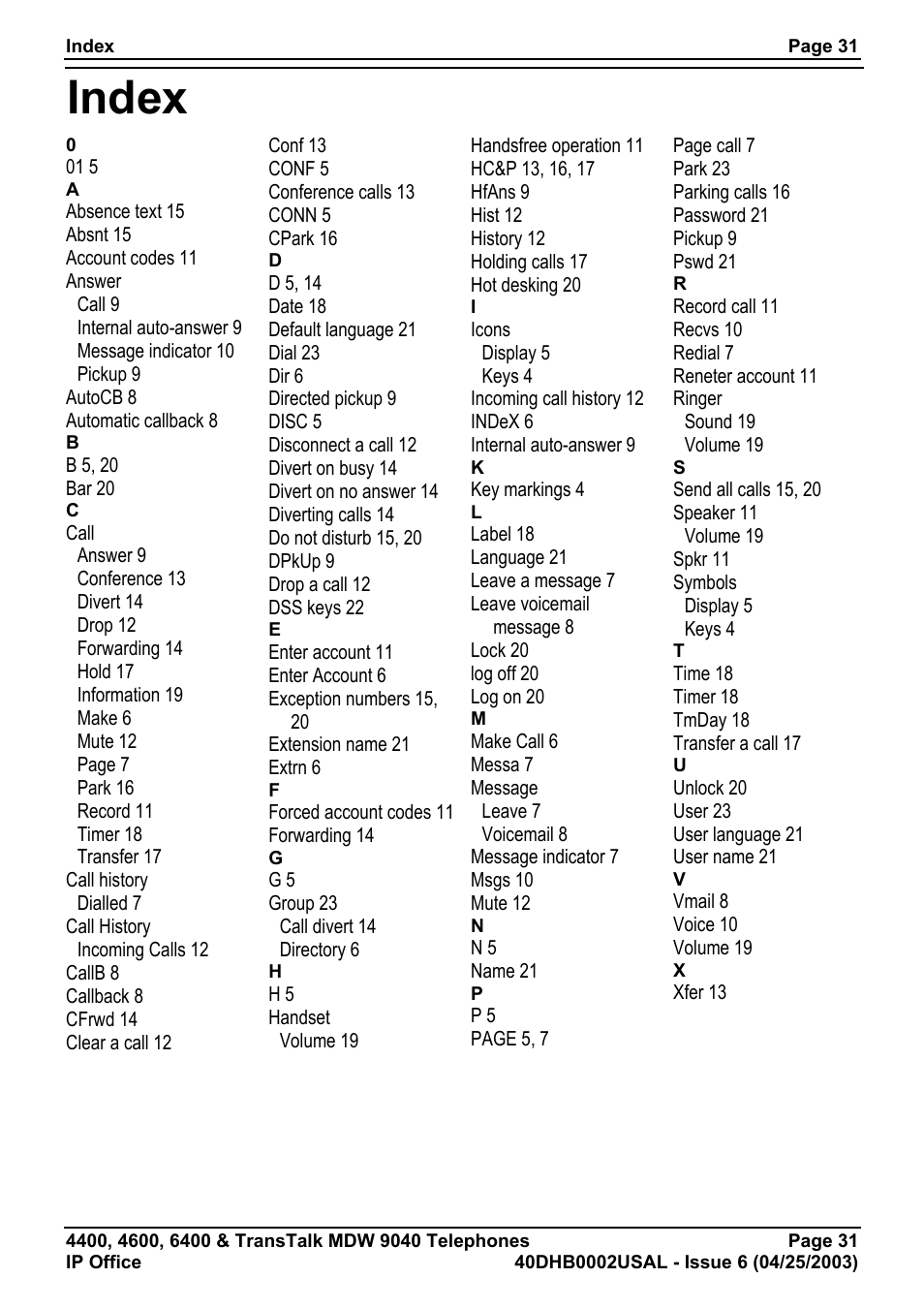 Index | Avaya 6400 User Manual | Page 31 / 32