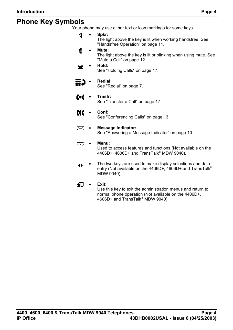 Phone key symbols | Avaya 6400 User Manual | Page 4 / 32