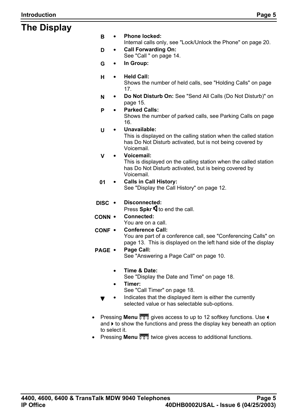 The display | Avaya 6400 User Manual | Page 5 / 32