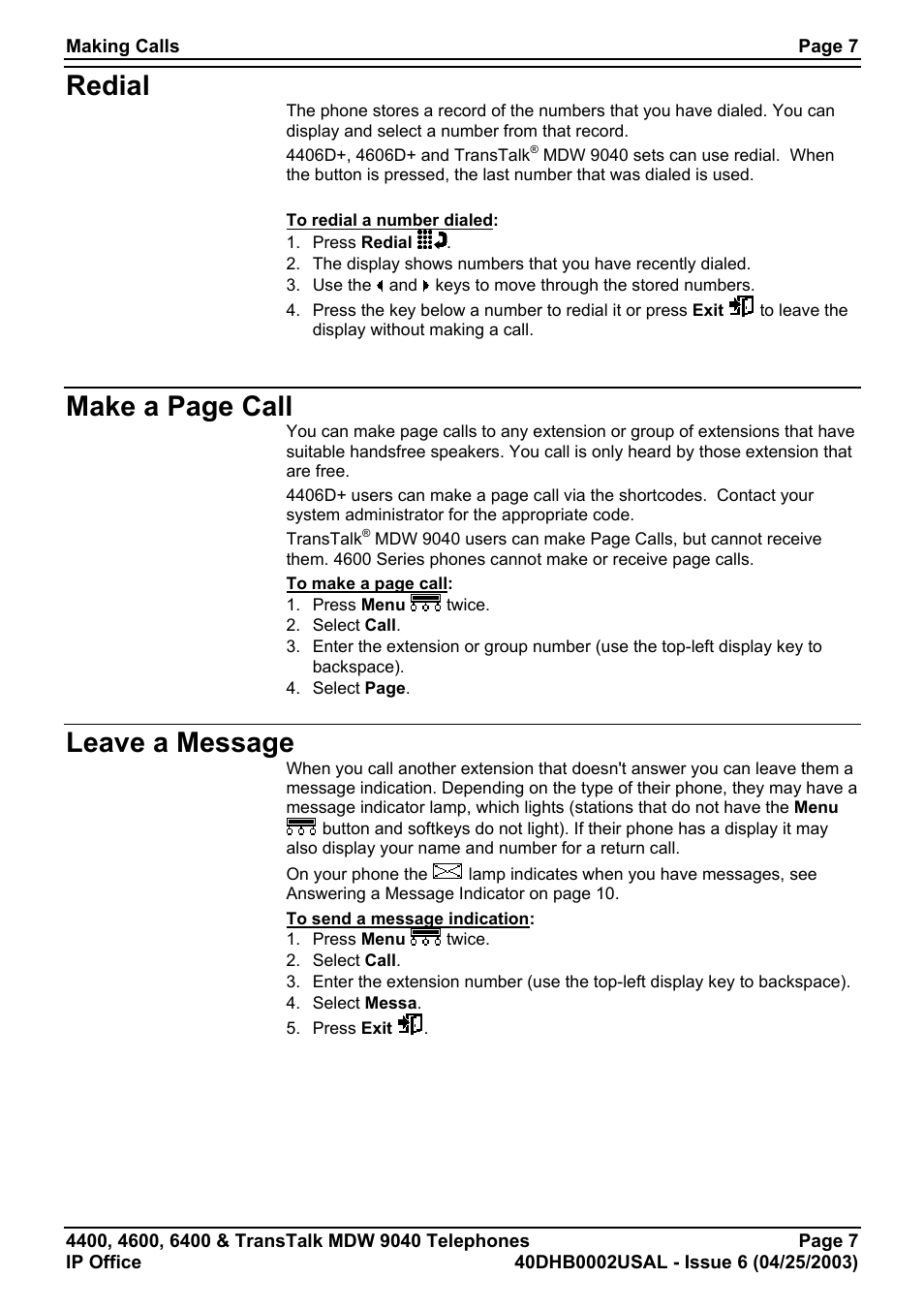 Redial, Leave a message, Make a page call | Avaya 6400 User Manual | Page 7 / 32