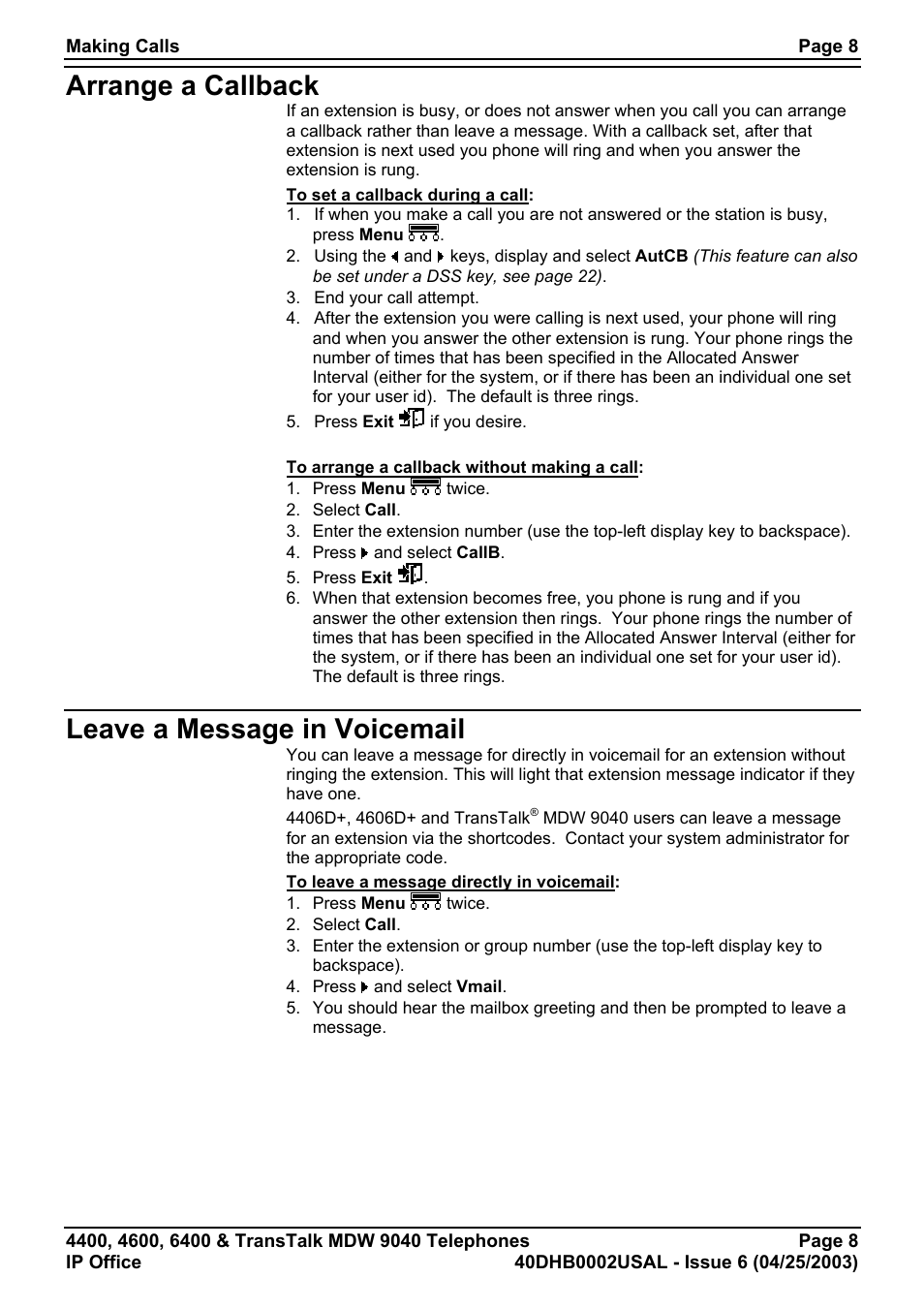 Arrange a callback, Leave a message in voicemail | Avaya 6400 User Manual | Page 8 / 32