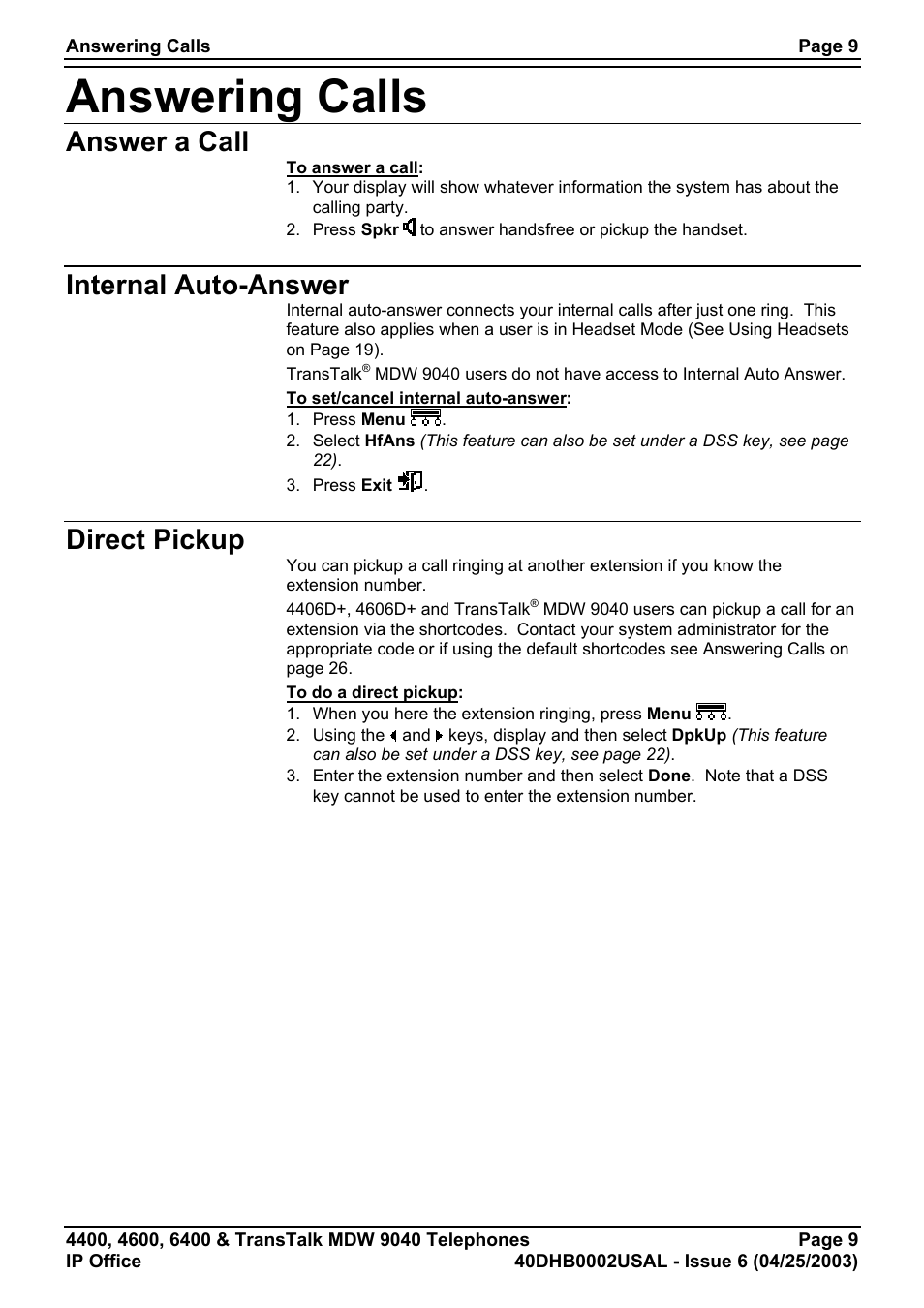 Answering calls, Answer a call, Internal auto-answer | Direct pickup | Avaya 6400 User Manual | Page 9 / 32