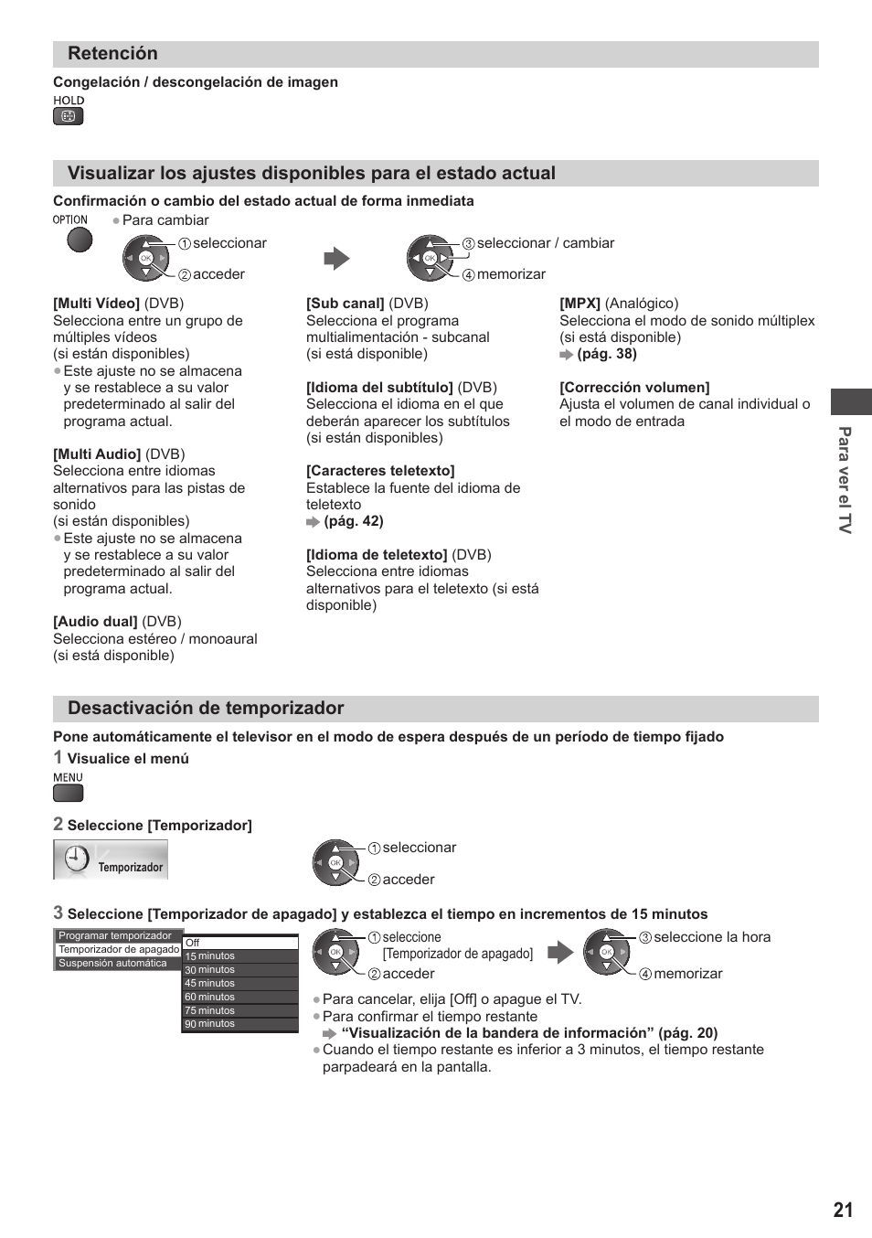 Retención, Desactivación de temporizador | Panasonic TXL42ET5E User Manual | Page 21 / 104