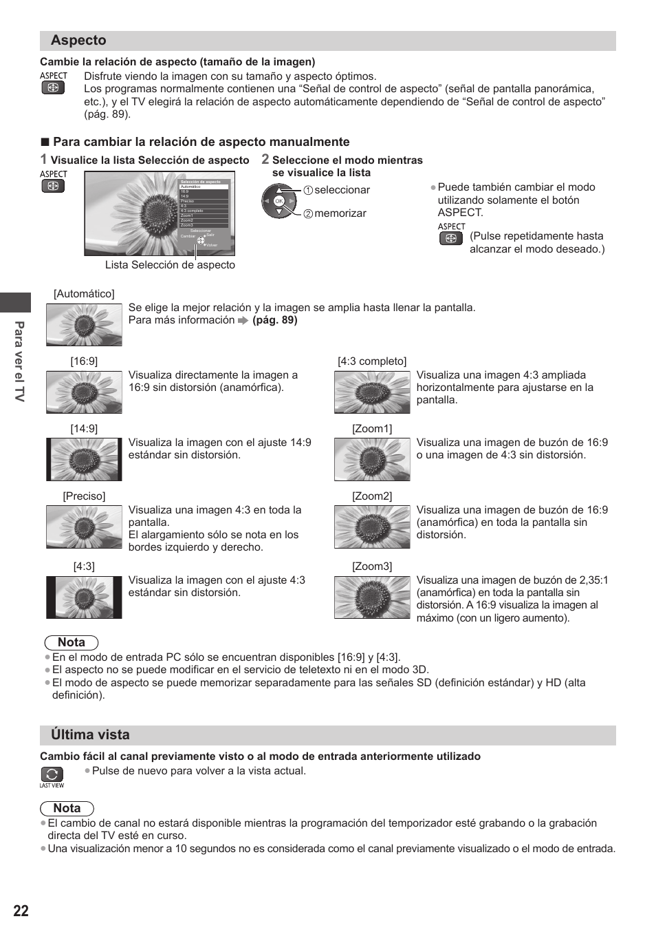 Aspecto, Última vista | Panasonic TXL42ET5E User Manual | Page 22 / 104