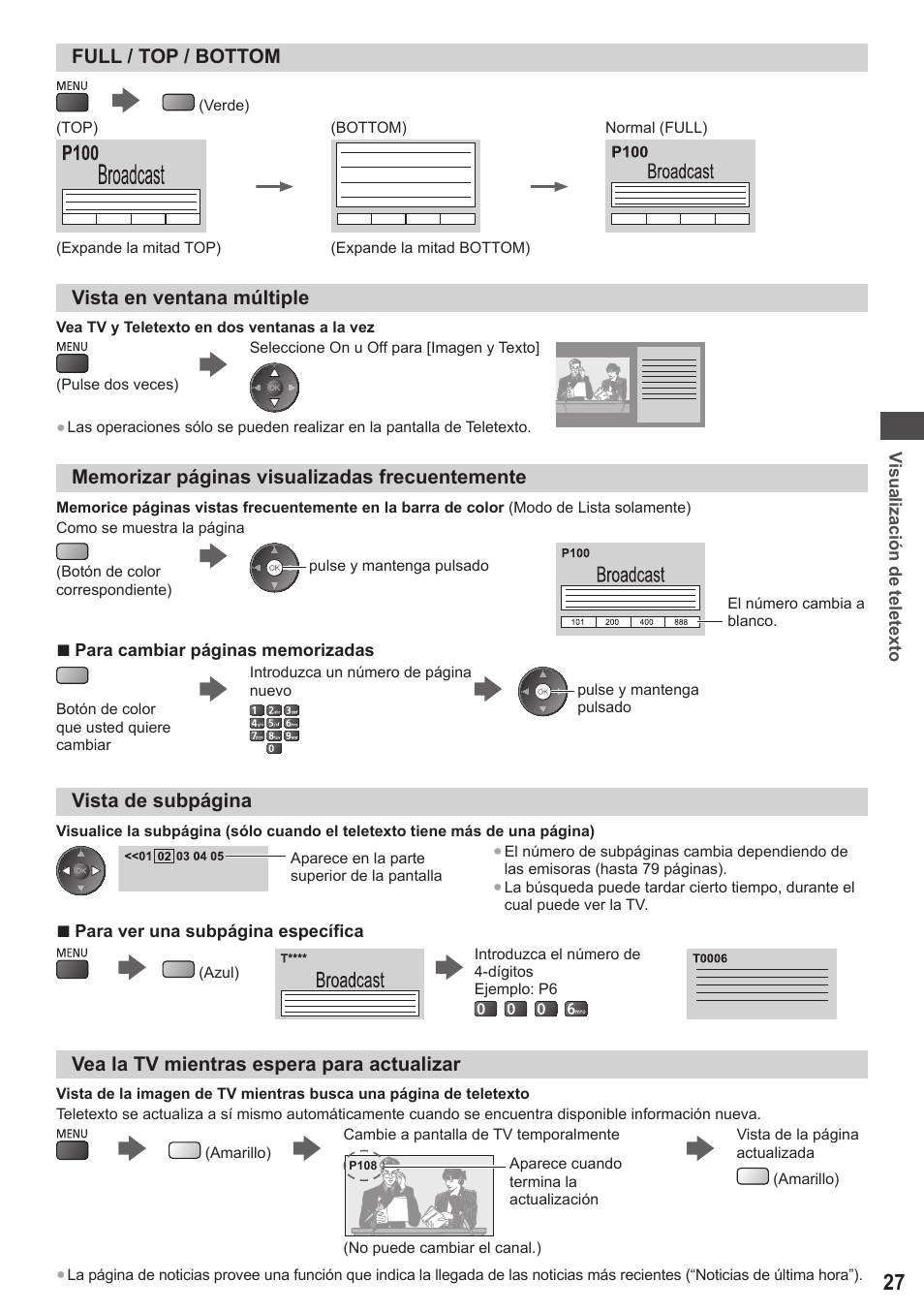 Full / top / bottom, Vista en ventana múltiple, Vista de subpágina | Vea la tv mientras espera para actualizar | Panasonic TXL42ET5E User Manual | Page 27 / 104