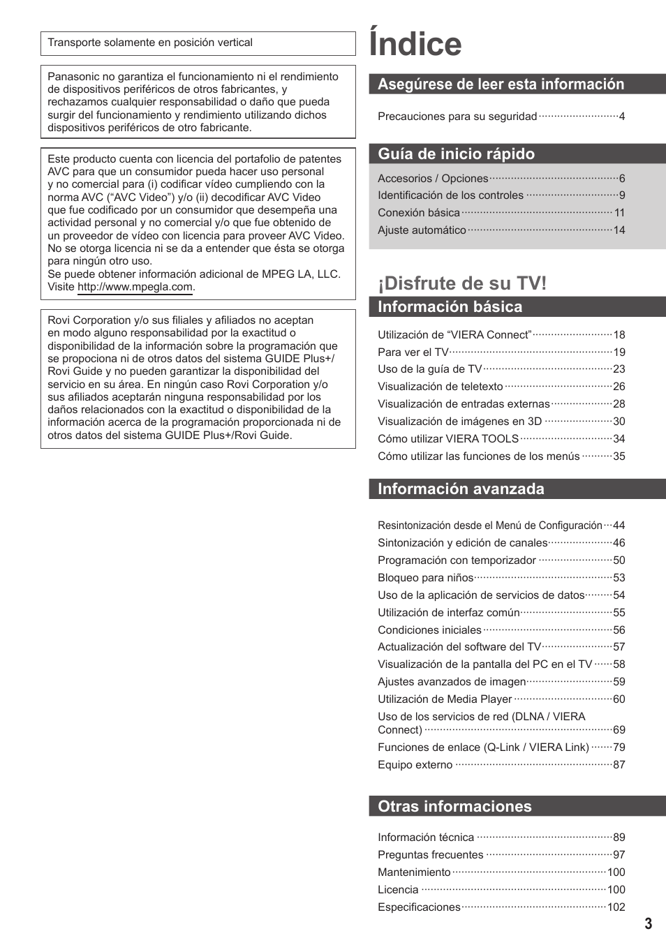 Índice, Disfrute de su tv | Panasonic TXL42ET5E User Manual | Page 3 / 104