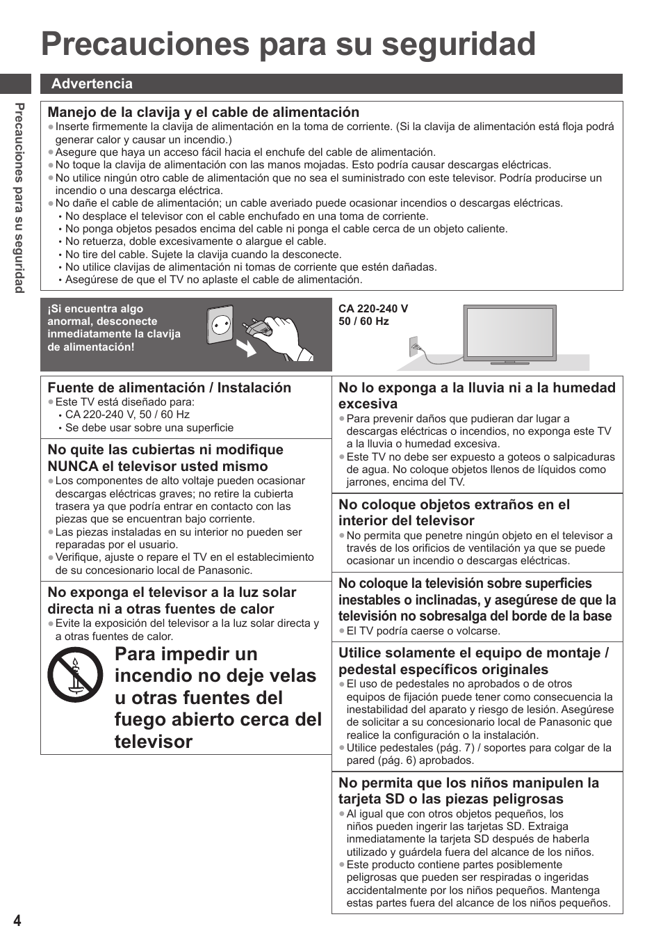 Precauciones para su seguridad, Fuente de alimentación / instalación, No lo exponga a la lluvia ni a la humedad excesiva | Panasonic TXL42ET5E User Manual | Page 4 / 104