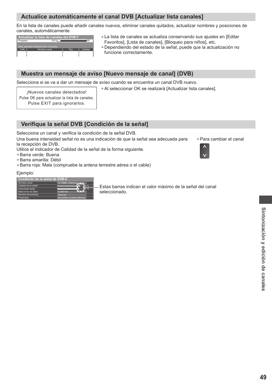 Verifique la señal dvb [condición de la señal, Sintonización y edición de canales | Panasonic TXL42ET5E User Manual | Page 49 / 104