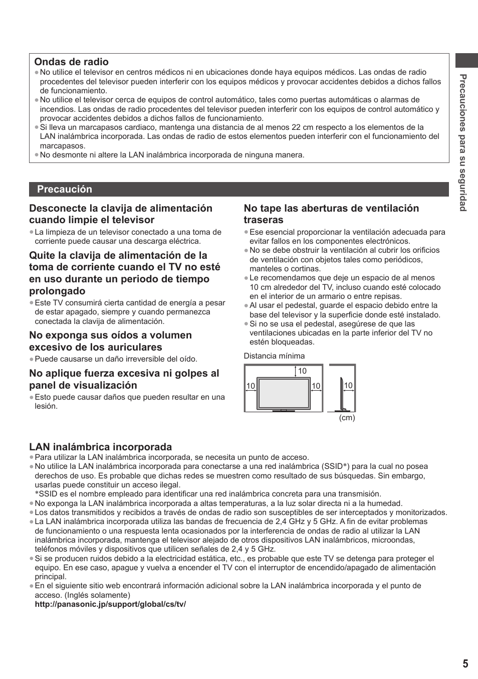 Ondas de radio, No tape las aberturas de ventilación traseras, Lan inalámbrica incorporada | Panasonic TXL42ET5E User Manual | Page 5 / 104
