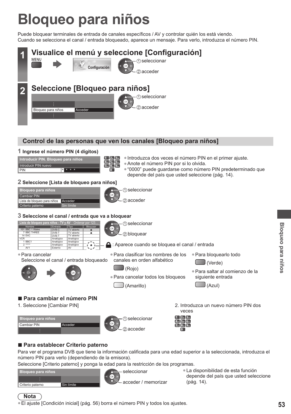 Bloqueo para niños, Visualice el menú y seleccione [configuración, Seleccione [bloqueo para niños | Panasonic TXL42ET5E User Manual | Page 53 / 104