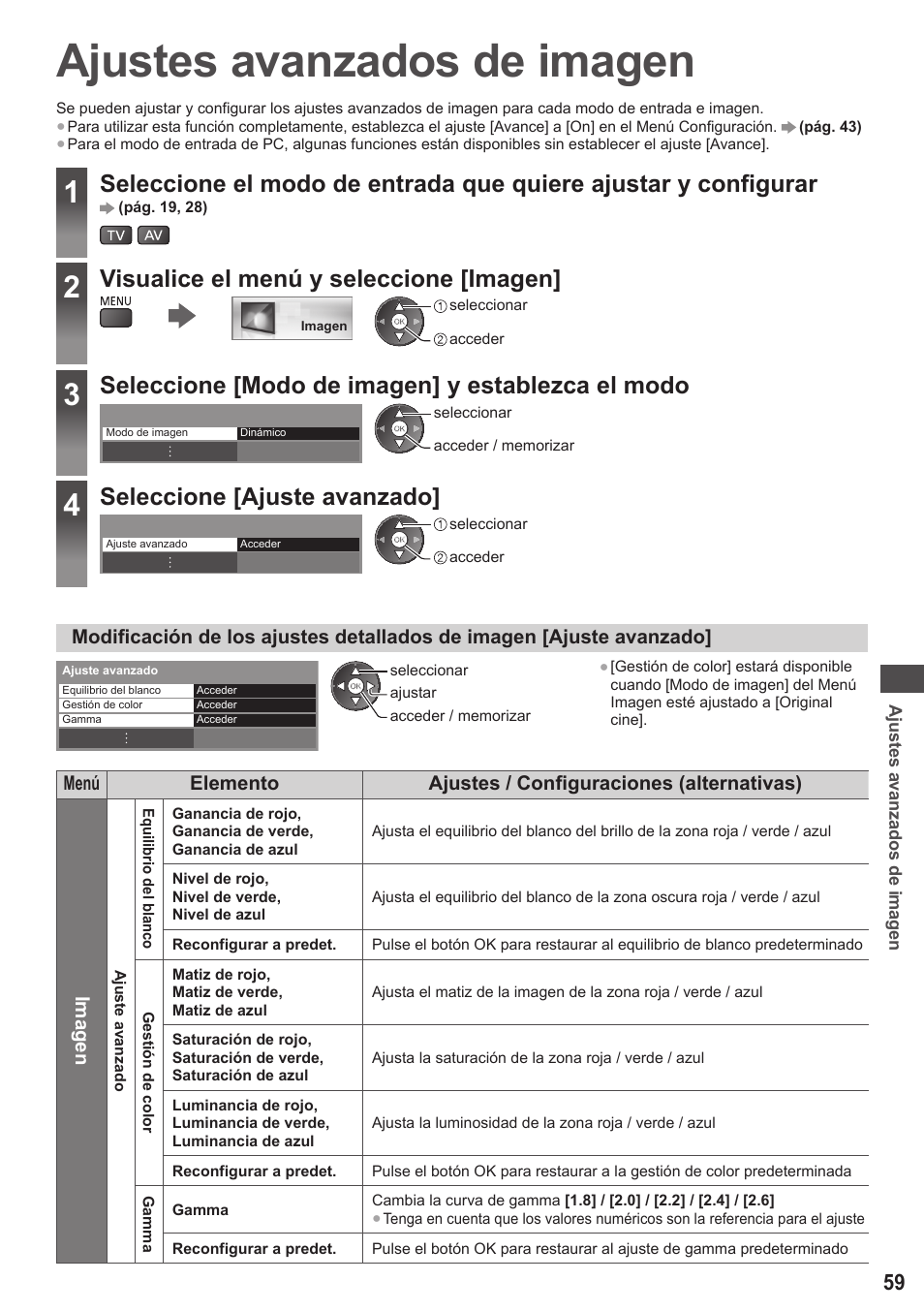 Ajustes avanzados de imagen, Visualice el menú y seleccione [imagen, Seleccione [modo de imagen] y establezca el modo | Seleccione [ajuste avanzado | Panasonic TXL42ET5E User Manual | Page 59 / 104