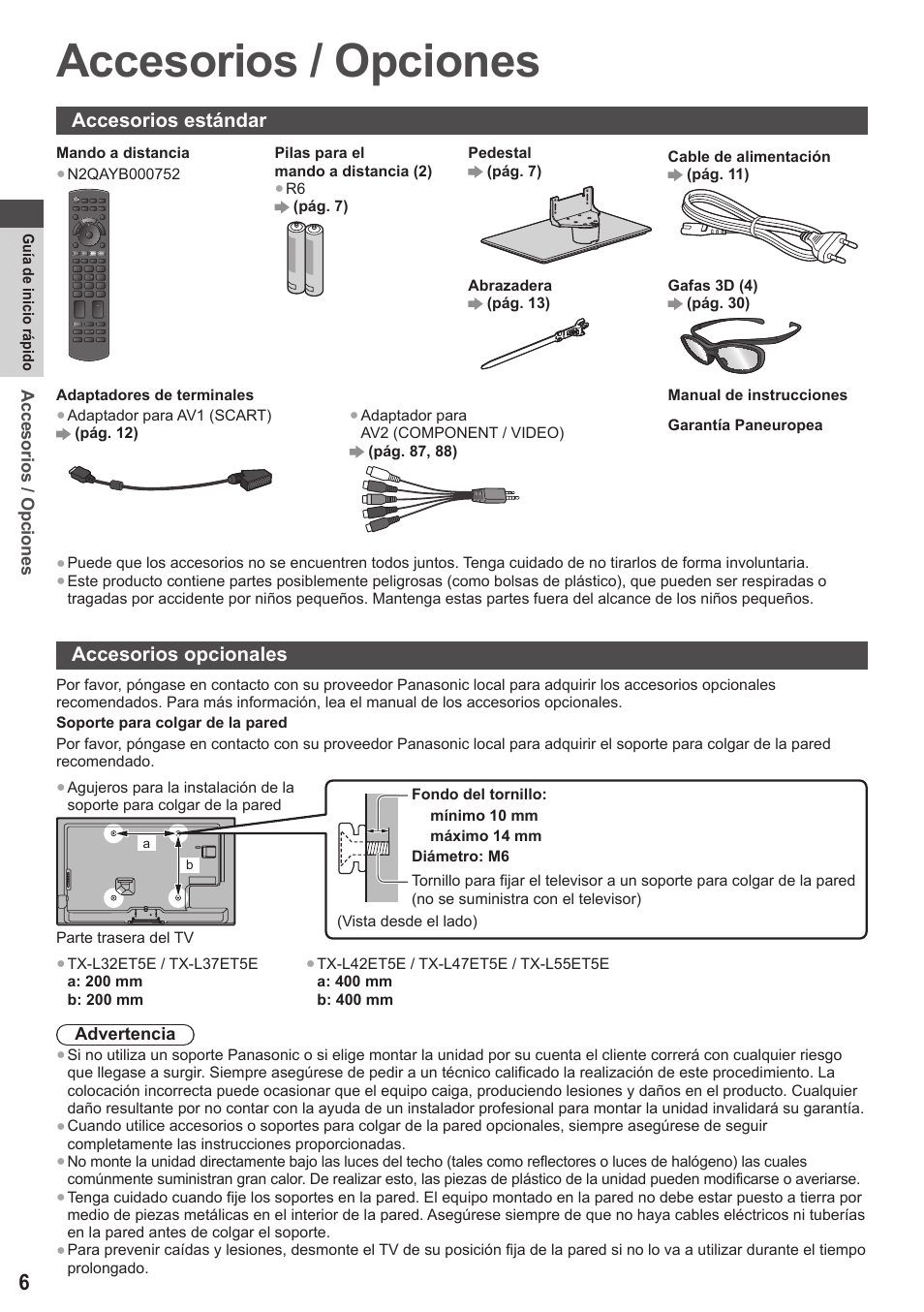 Accesorios / opciones, Accesorios estándar, Accesorios opcionales | Panasonic TXL42ET5E User Manual | Page 6 / 104