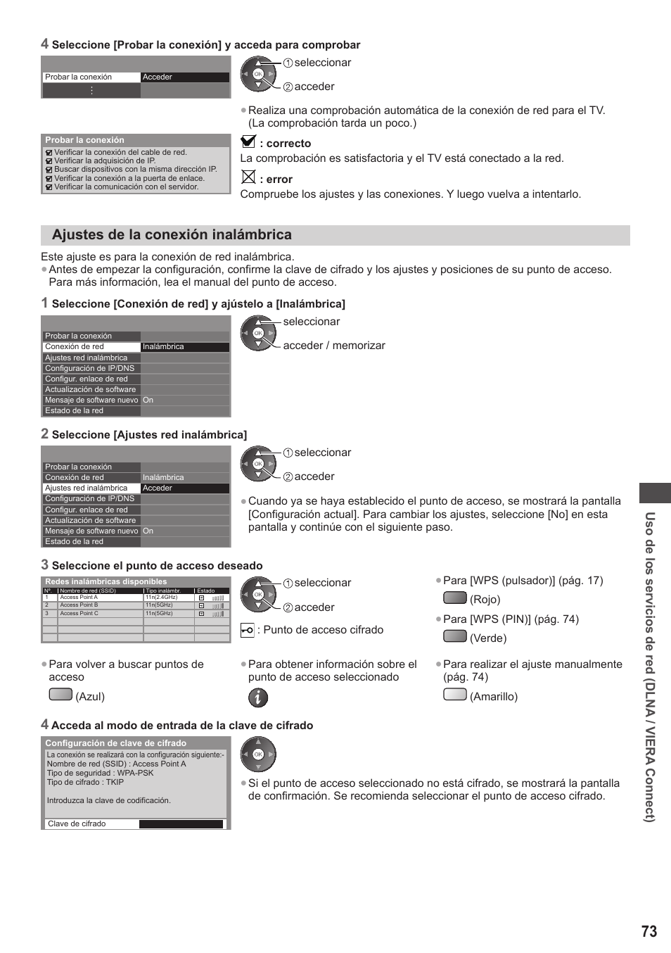 Ajustes de la conexión inalámbrica, Uso de los servicios de red (dlna / viera connect) | Panasonic TXL42ET5E User Manual | Page 73 / 104