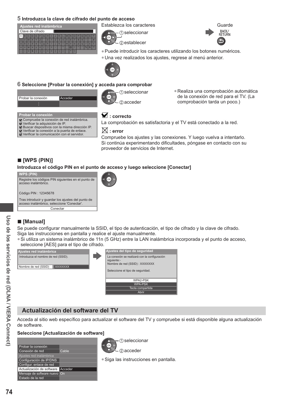 Actualización del software del tv, Uso de los servicios de red (dlna / viera connect), Wps (pin) | Manual | Panasonic TXL42ET5E User Manual | Page 74 / 104