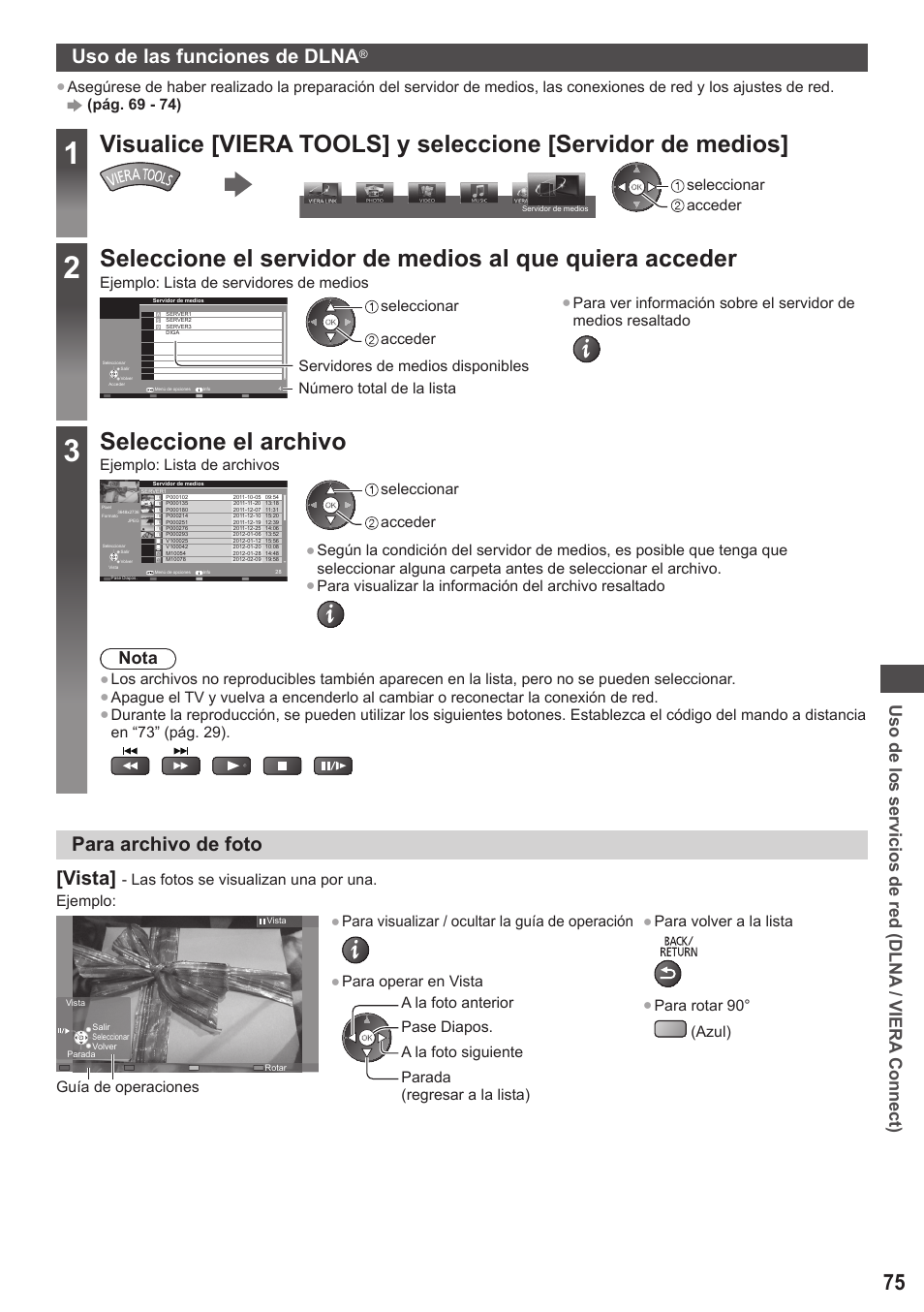 Seleccione el archivo, Uso de las funciones de dlna, Para archivo de foto [vista | Uso de los servicios de red (dlna / viera connect), Nota | Panasonic TXL42ET5E User Manual | Page 75 / 104
