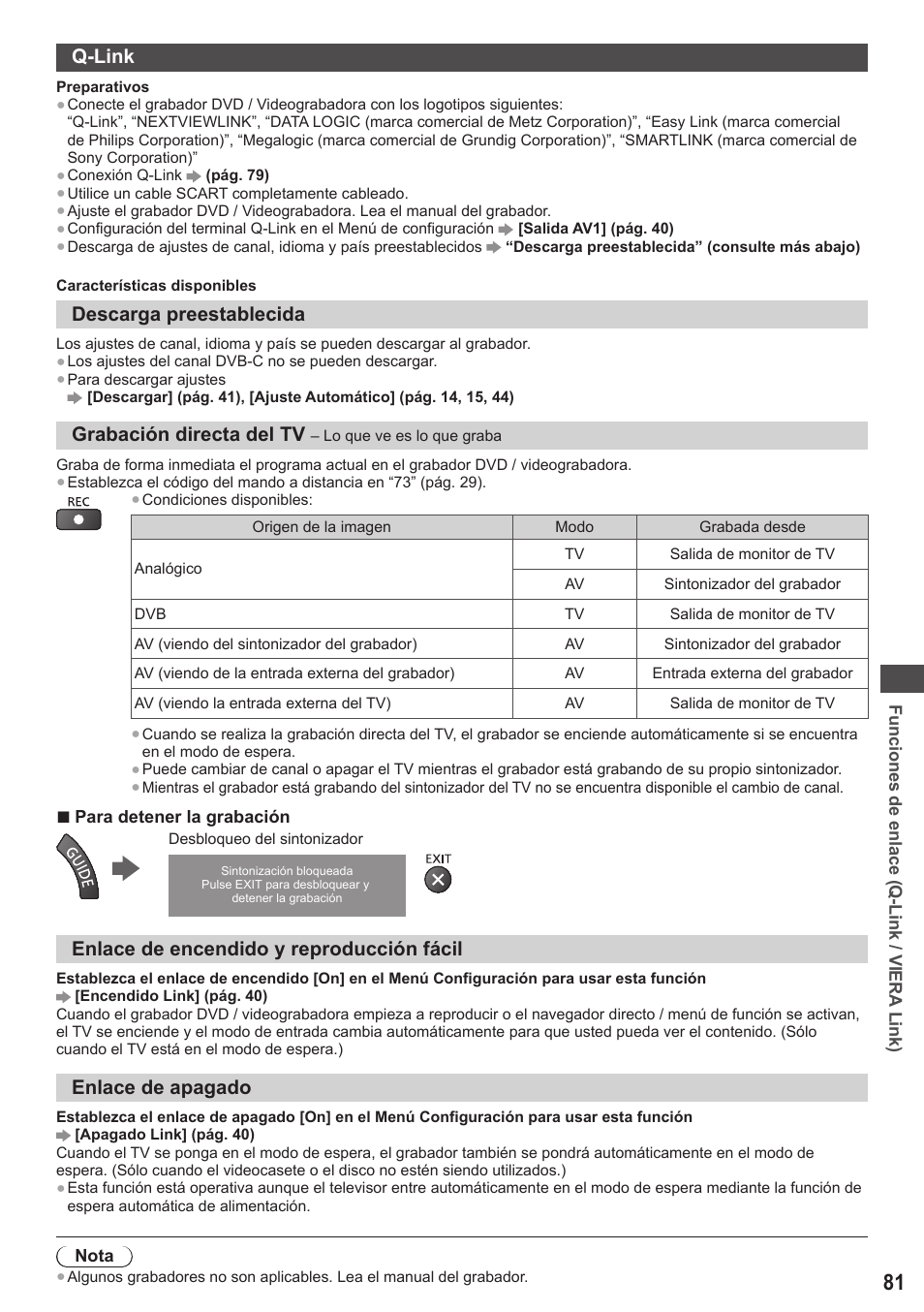 Q-link, Descarga preestablecida, Grabación directa del tv | Enlace de encendido y reproducción fácil, Enlace de apagado | Panasonic TXL42ET5E User Manual | Page 81 / 104
