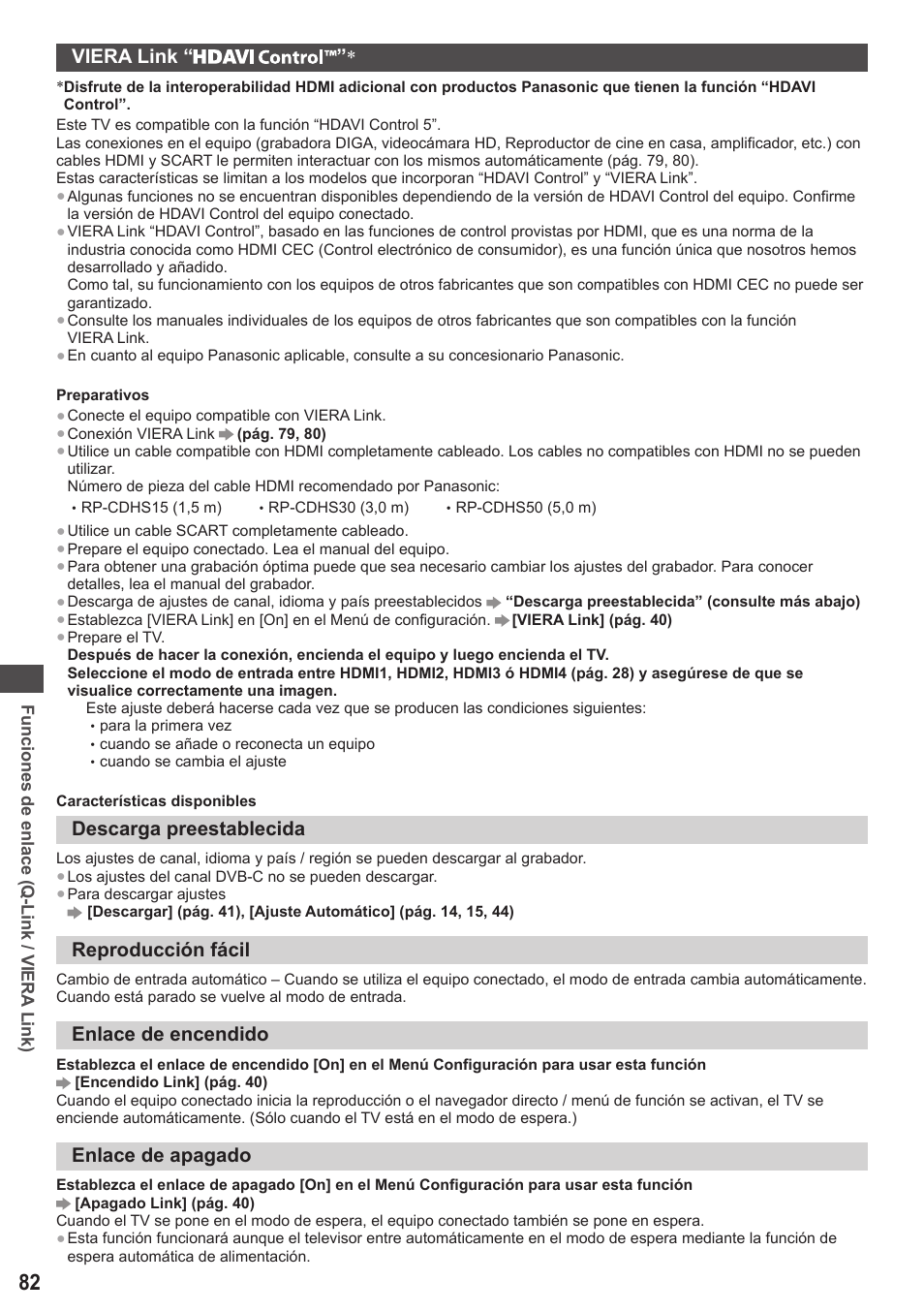 Viera link, Descarga preestablecida, Reproducción fácil | Enlace de encendido, Enlace de apagado | Panasonic TXL42ET5E User Manual | Page 82 / 104