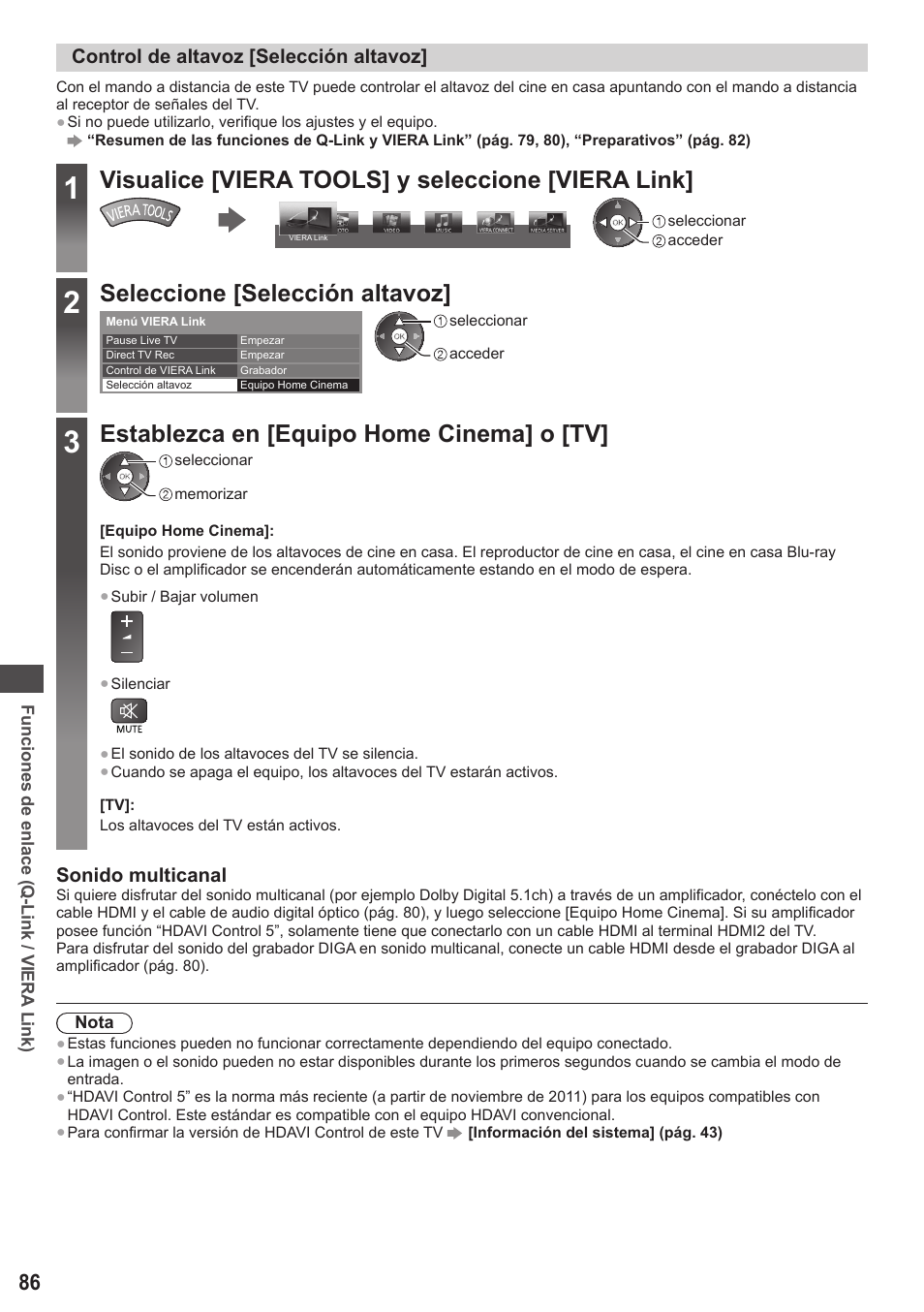 Visualice [viera tools] y seleccione [viera link, Seleccione [selección altavoz, Establezca en [equipo home cinema] o [tv | Control de altavoz [selección altavoz, Sonido multicanal | Panasonic TXL42ET5E User Manual | Page 86 / 104