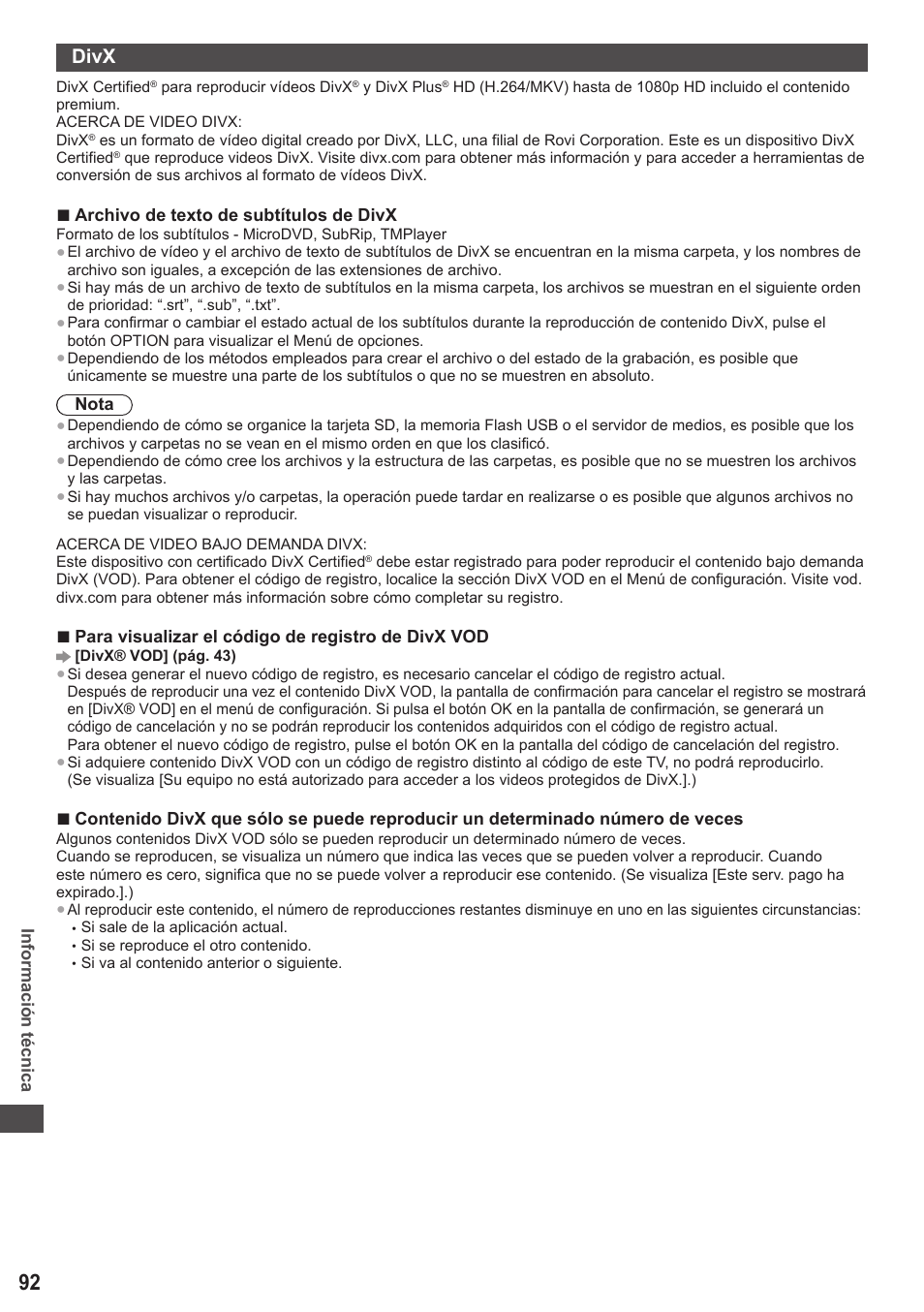 Divx | Panasonic TXL42ET5E User Manual | Page 92 / 104