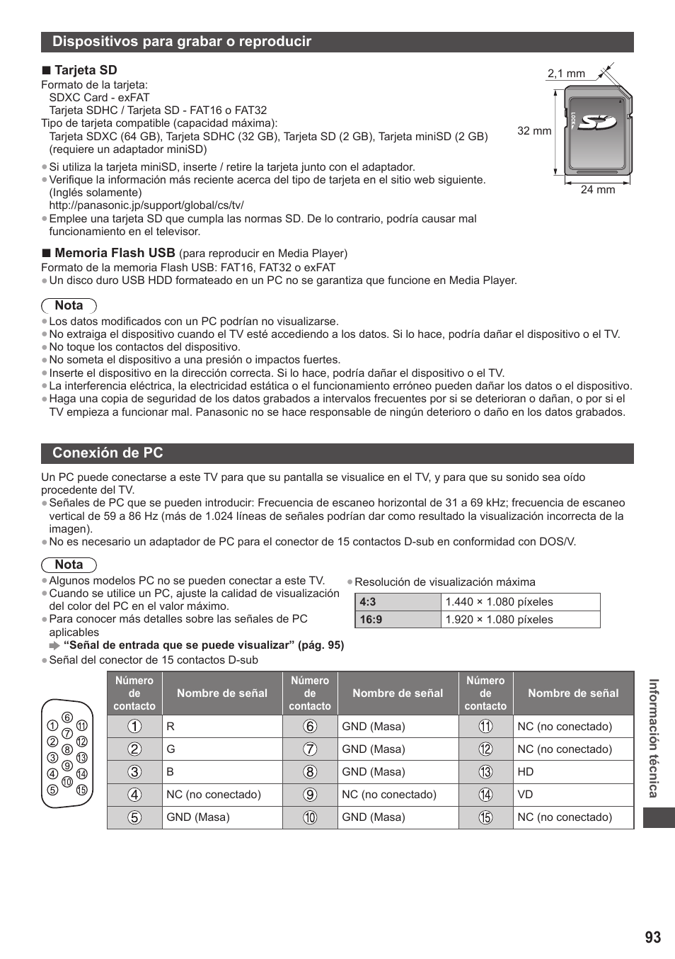 Dispositivos para grabar o reproducir, Conexión de pc | Panasonic TXL42ET5E User Manual | Page 93 / 104