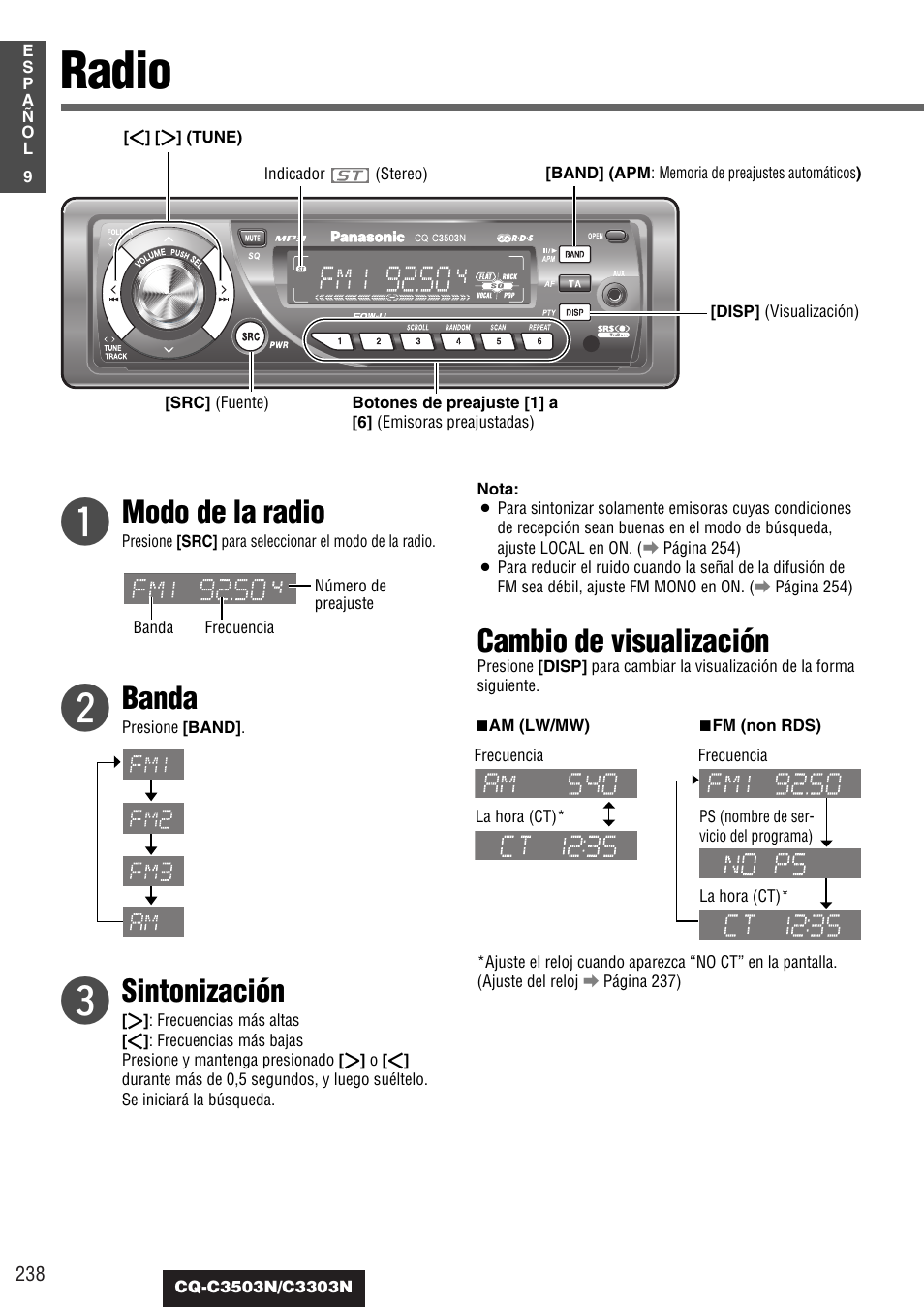 Radio, Modo de la radio, Banda | Sintonización, Cambio de visualización | Panasonic CQC3503N User Manual | Page 10 / 42