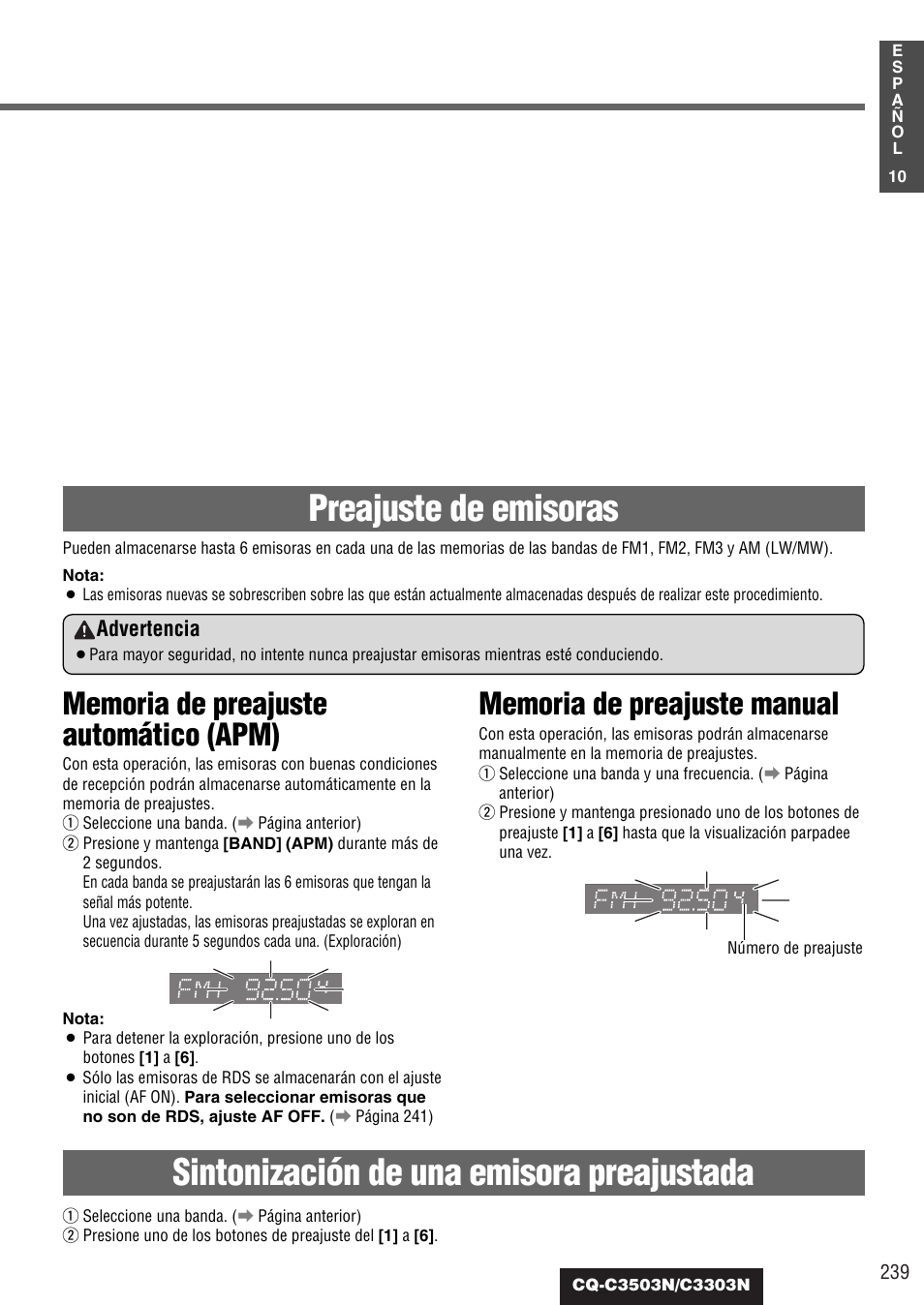 Preajuste de emisoras, Sintonización de una emisora preajustada | Panasonic CQC3503N User Manual | Page 11 / 42