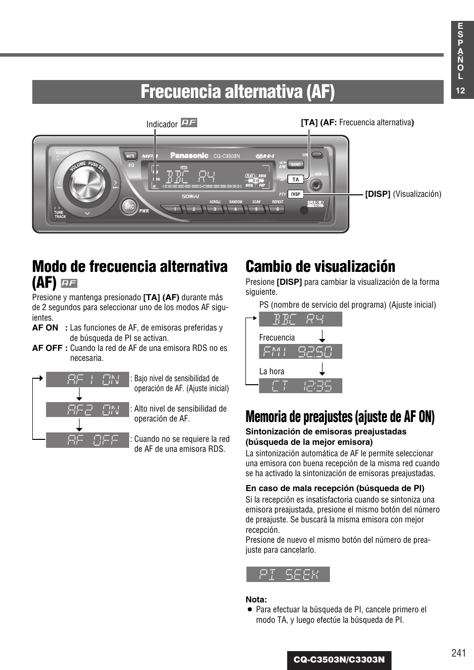 Frecuencia alternativa (af), Modo de frecuencia alternativa (af), Cambio de visualización | Panasonic CQC3503N User Manual | Page 13 / 42