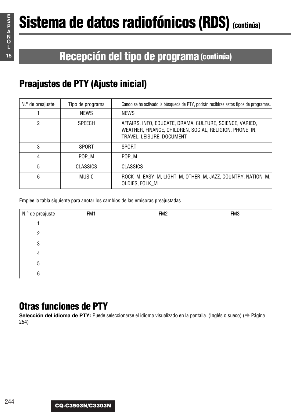 Sistema de datos radiofónicos (rds), Recepción del tipo de programa, Otras funciones de pty | Preajustes de pty (ajuste inicial), Continúa) | Panasonic CQC3503N User Manual | Page 16 / 42