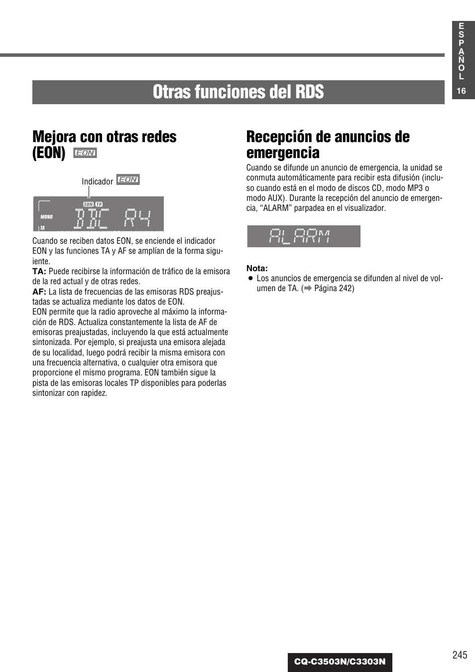 Otras funciones del rds, Mejora con otras redes (eon), Recepción de anuncios de emergencia | Panasonic CQC3503N User Manual | Page 17 / 42