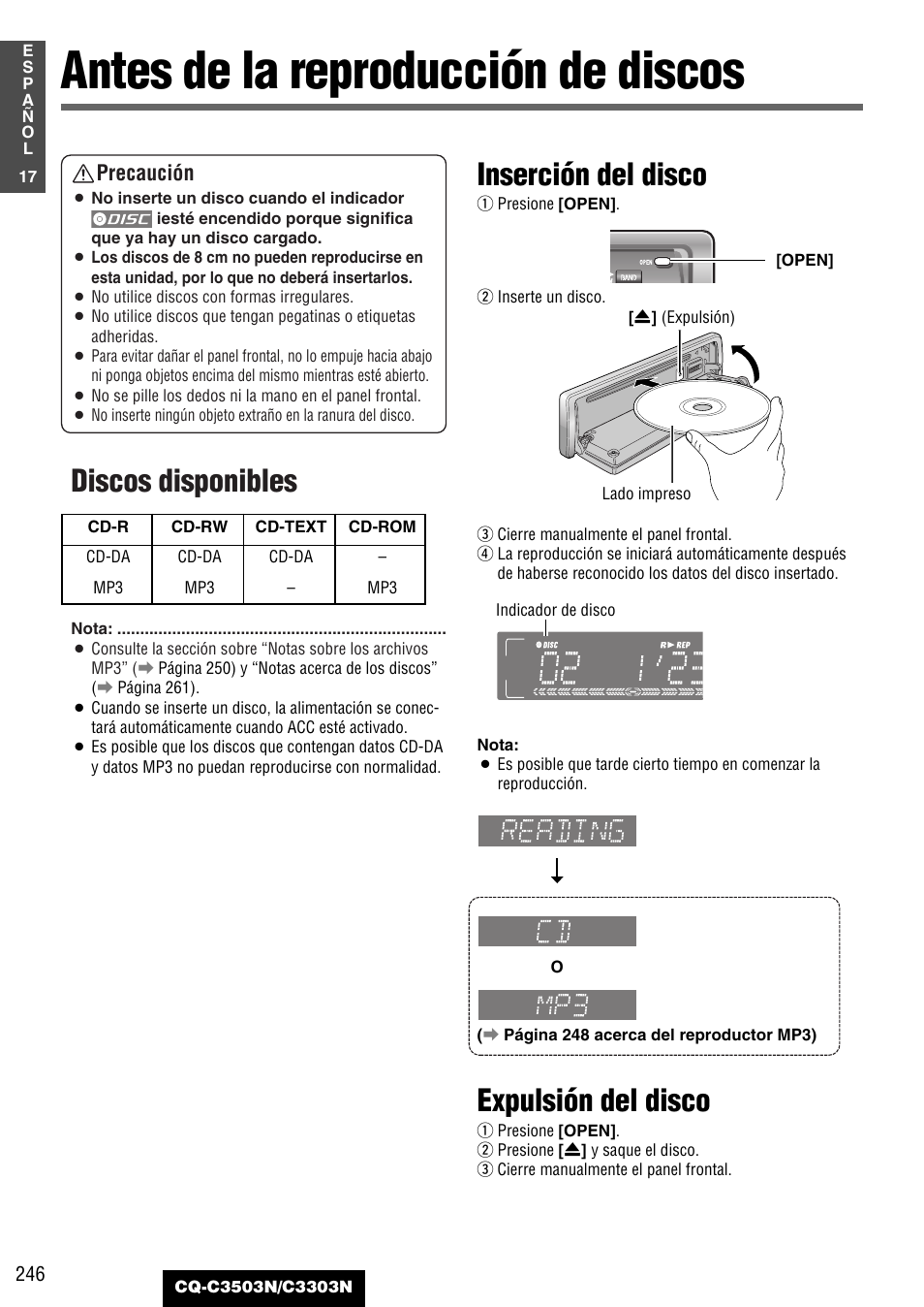 Antes de la reproducción de discos, Discos disponibles, Inserción del disco | Expulsión del disco, Precaución | Panasonic CQC3503N User Manual | Page 18 / 42