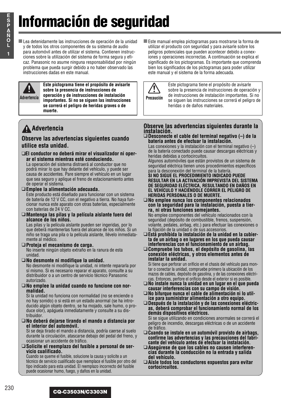 Información de seguridad, Advertencia | Panasonic CQC3503N User Manual | Page 2 / 42