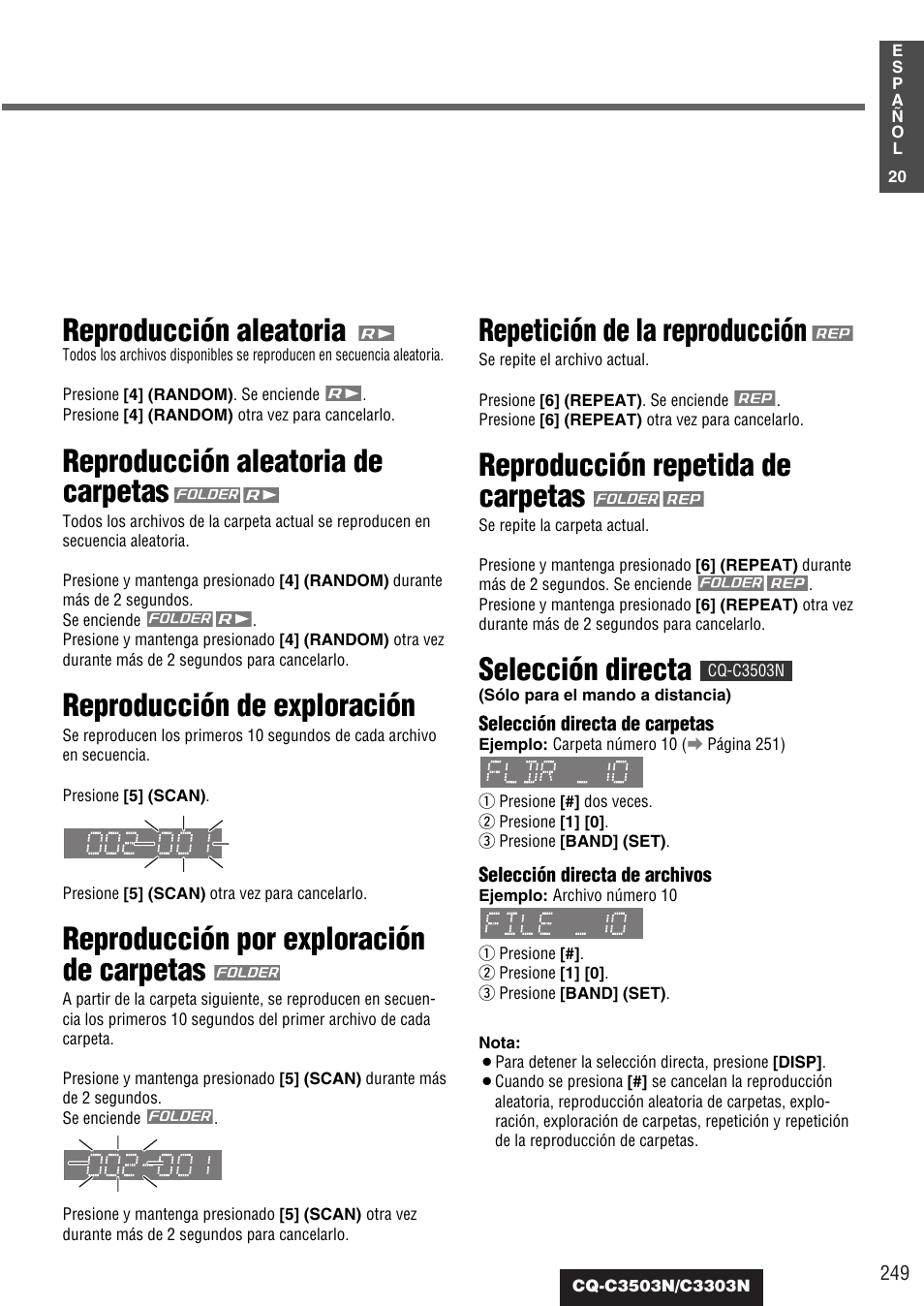 Reproducción aleatoria, Reproducción aleatoria de carpetas, Reproducción de exploración | Reproducción por exploración de carpetas, Repetición de la reproducción, Reproducción repetida de carpetas, Selección directa | Panasonic CQC3503N User Manual | Page 21 / 42