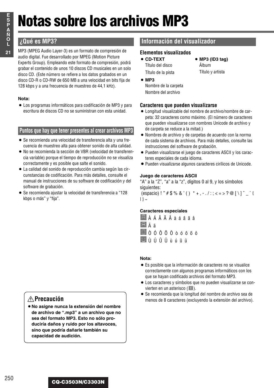 Notas sobre los archivos mp3, Qué es mp3, Información del visualizador | Precaución | Panasonic CQC3503N User Manual | Page 22 / 42