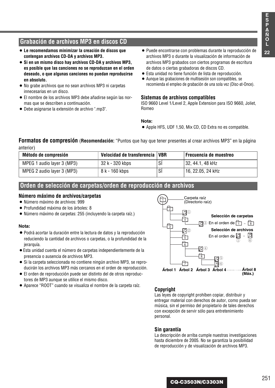 Grabación de archivos mp3 en discos cd, Formatos de compresión | Panasonic CQC3503N User Manual | Page 23 / 42