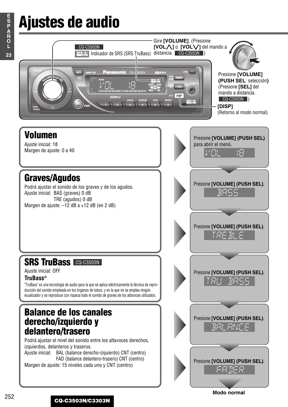 Ajustes de audio, Volumen, Graves/agudos | Srs trubass | Panasonic CQC3503N User Manual | Page 24 / 42