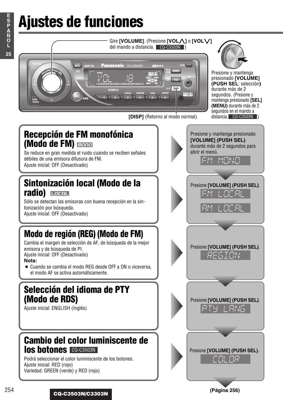 Ajustes de funciones, Recepción de fm monofónica (modo de fm), Sintonización local (modo de la radio) | Modo de región (reg) (modo de fm), Selección del idioma de pty (modo de rds), Cambio del color luminiscente de los botones | Panasonic CQC3503N User Manual | Page 26 / 42