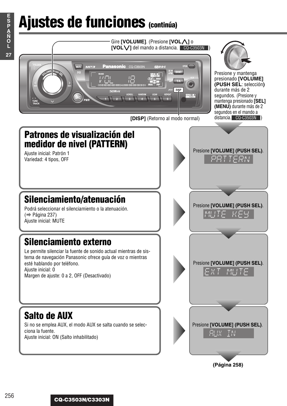 Ajustes de funciones, Silenciamiento/atenuación, Silenciamiento externo | Salto de aux, Continúa) | Panasonic CQC3503N User Manual | Page 28 / 42