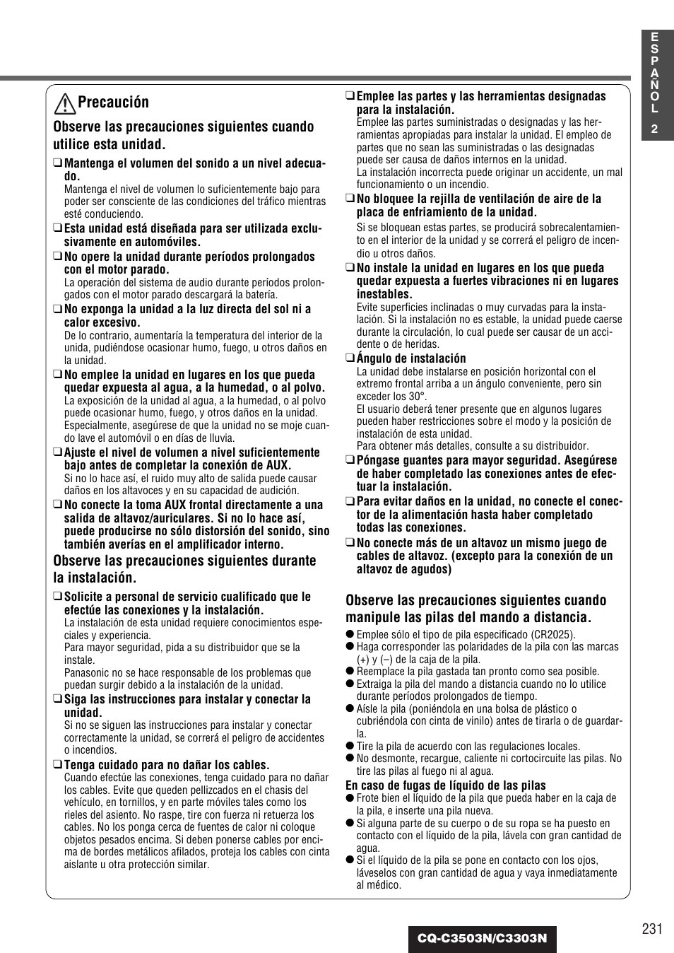 Precaución | Panasonic CQC3503N User Manual | Page 3 / 42